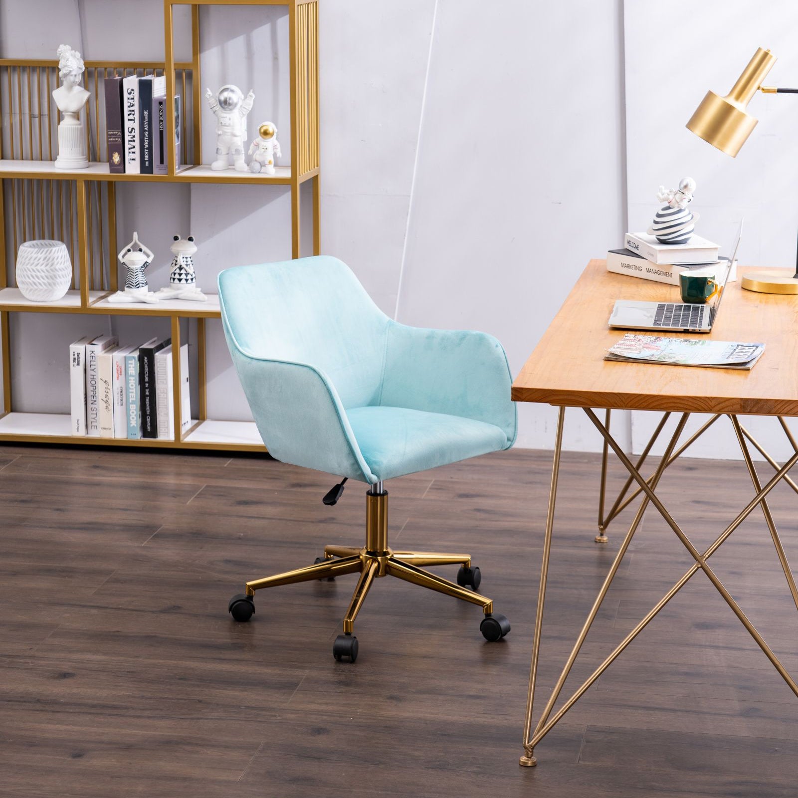 360° Revolving Modern Design Velvet Home and Office Chair with Metal Legs- Light Blue