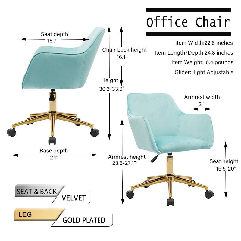 360° Revolving Modern Design Velvet Home and Office Chair with Metal Legs- Light Blue