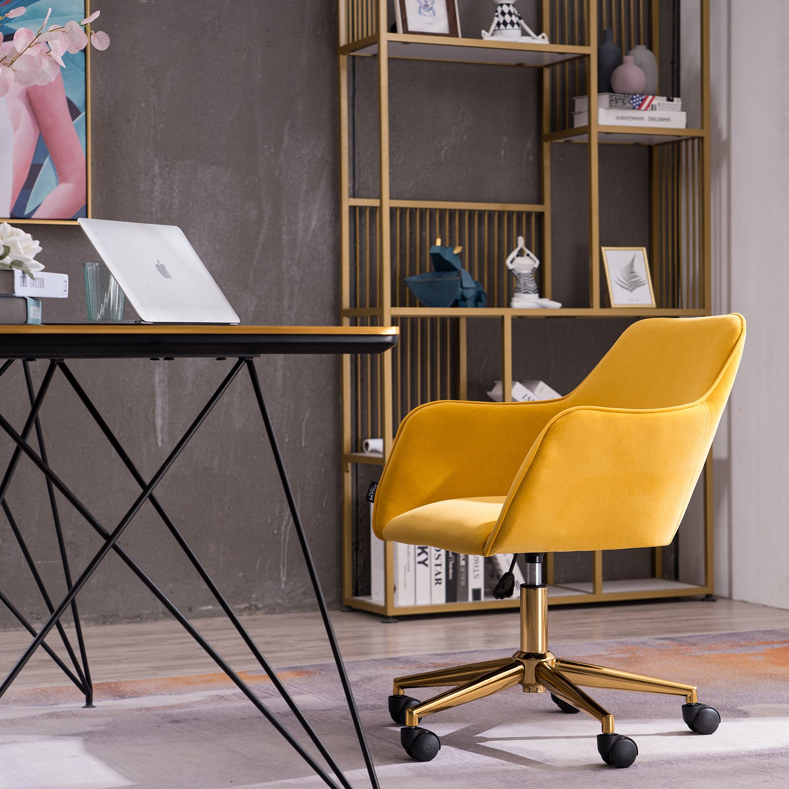 360° Revolving Modern Design Velvet Home and Office Chair with Metal Legs- Yellow
