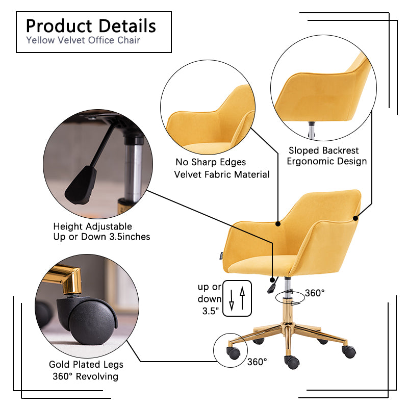 360° Revolving Modern Design Velvet Home and Office Chair with Metal Legs- Yellow