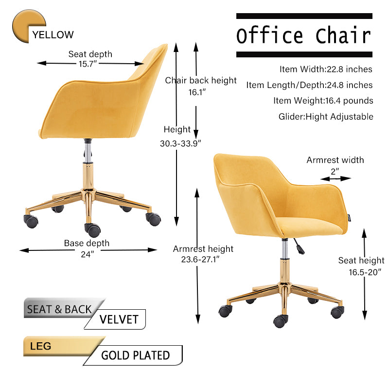 360° Revolving Modern Design Velvet Home and Office Chair with Metal Legs- Yellow
