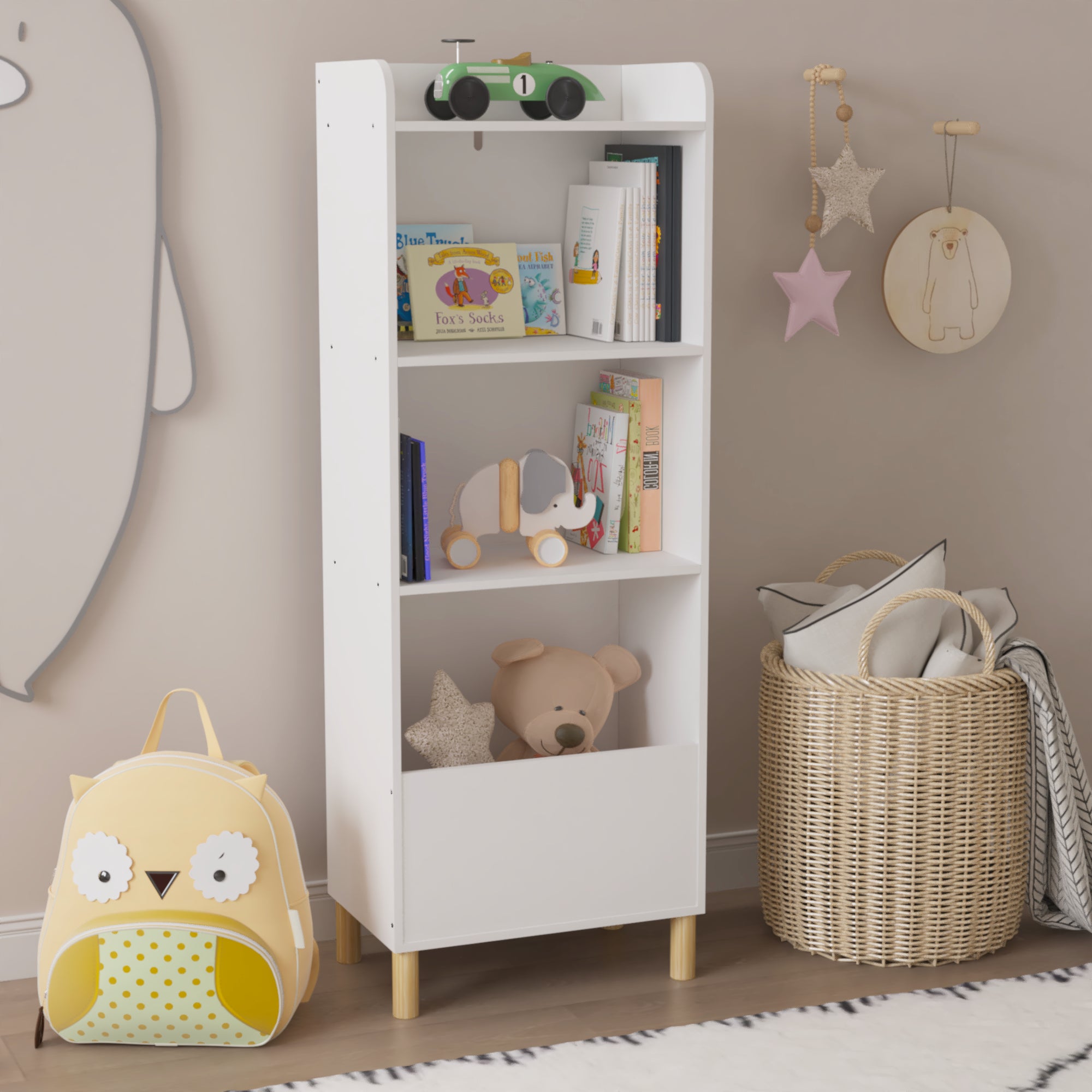 Free Standing 4 Tier Kid’s Bookcase and Toy Storage Organizer in White
