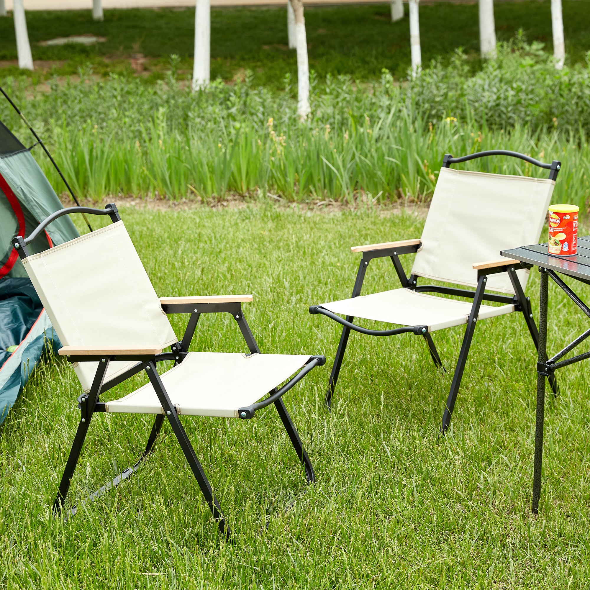 2 Pcs Foldable Oxford Cloth Outdoor Camping and Fishing Chair- Beige