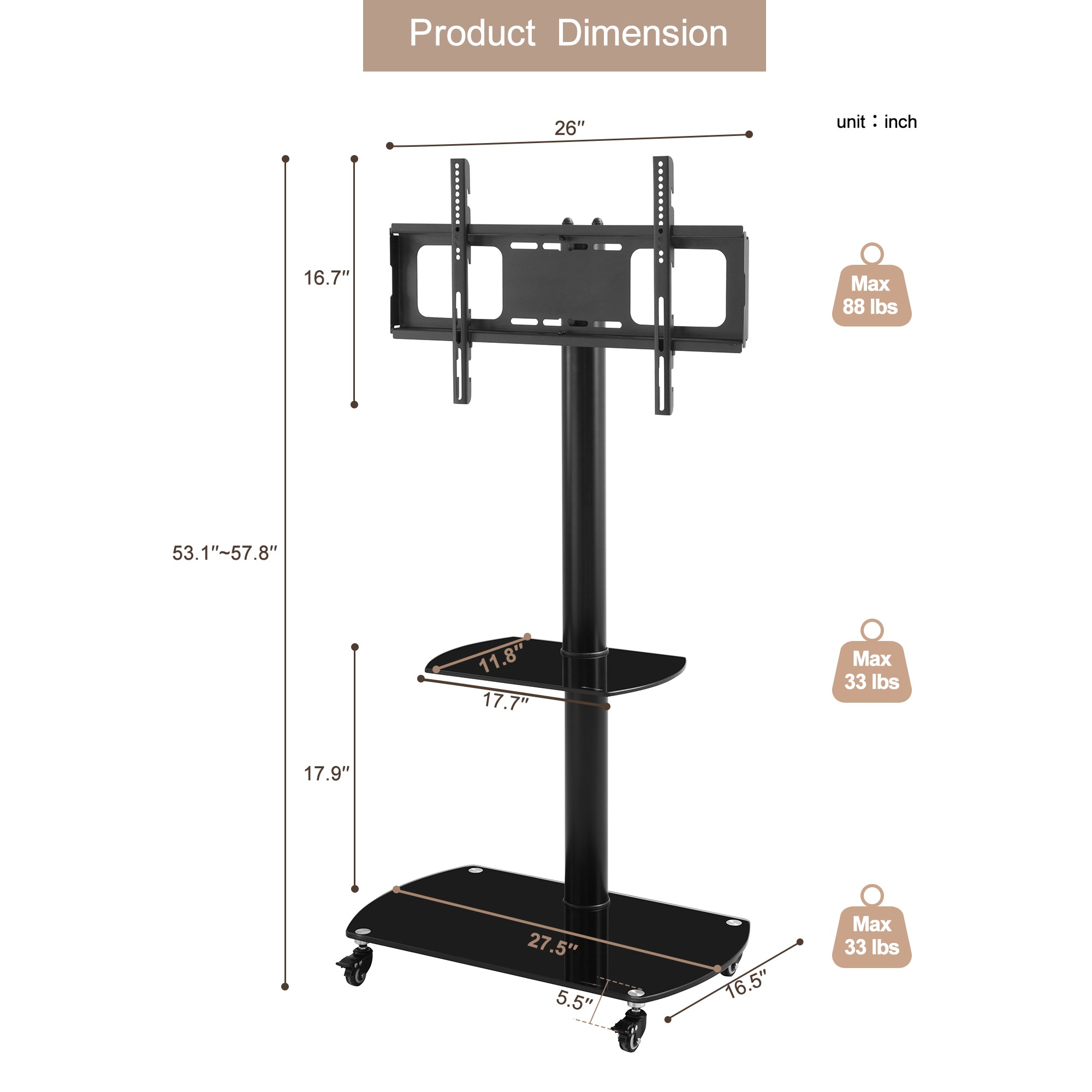 Height and Angle Adjustable Multi-Functional Tempered Glass TV Metal Frame- Black