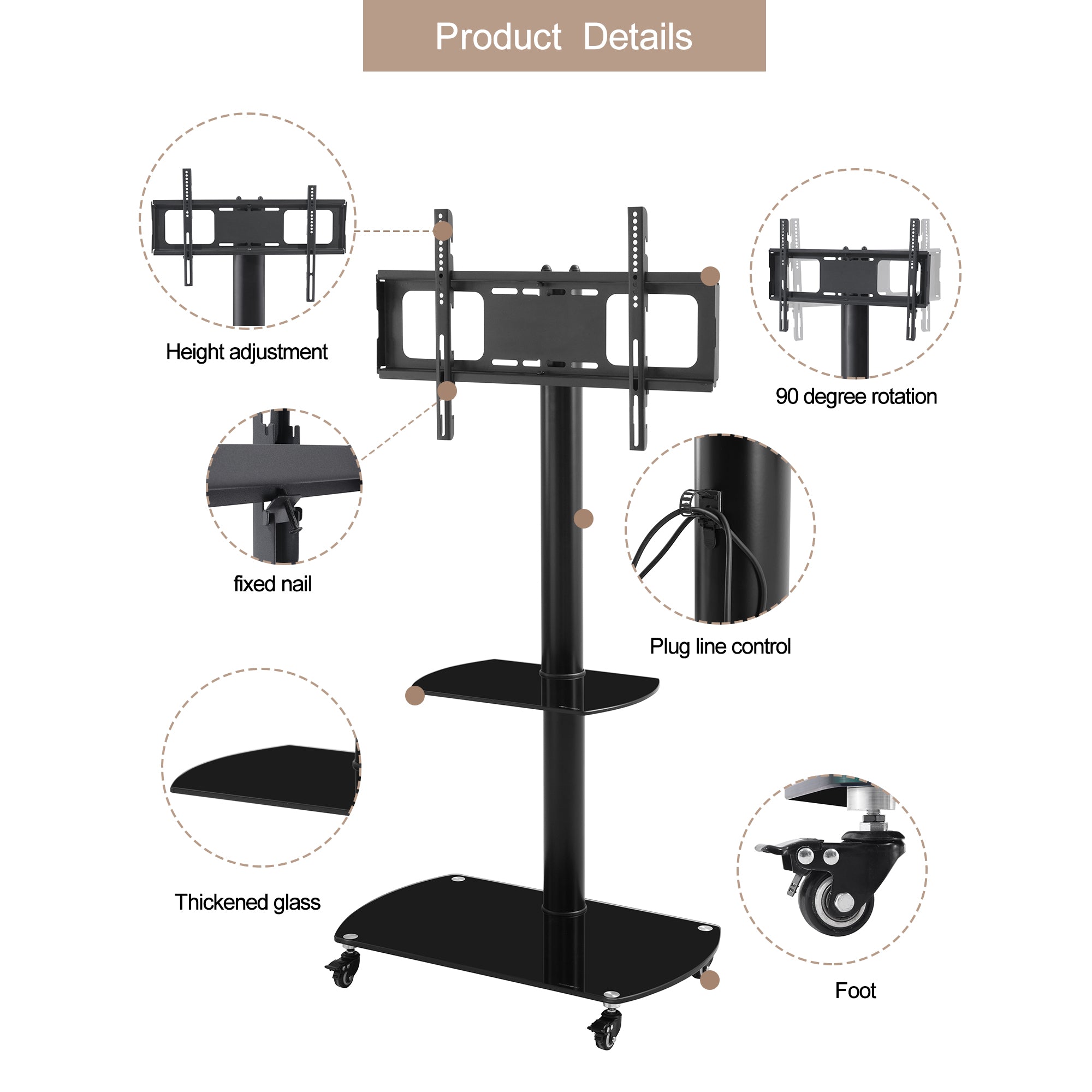 Height and Angle Adjustable Multi-Functional Tempered Glass TV Metal Frame- Black