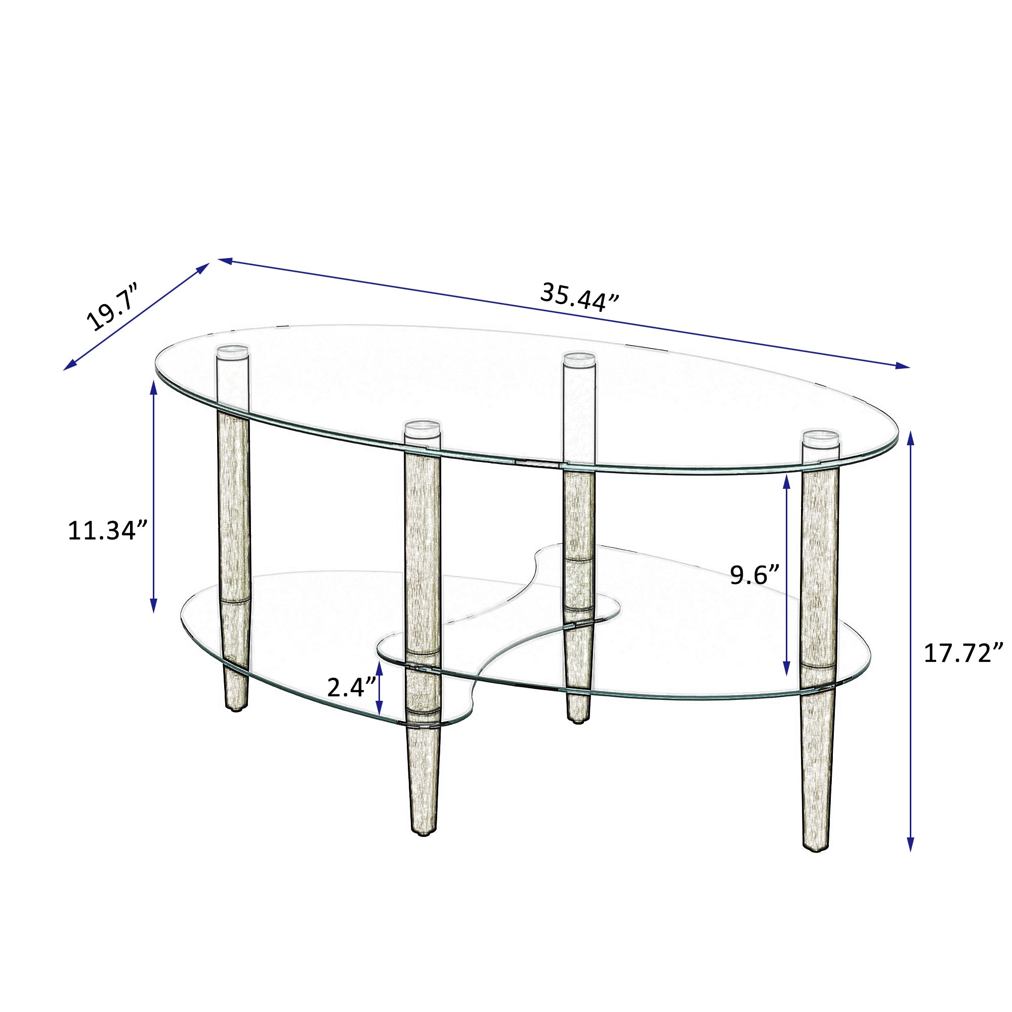 3 Layered Transparent Tempered Glass Oval Modern Coffee Table - Brown