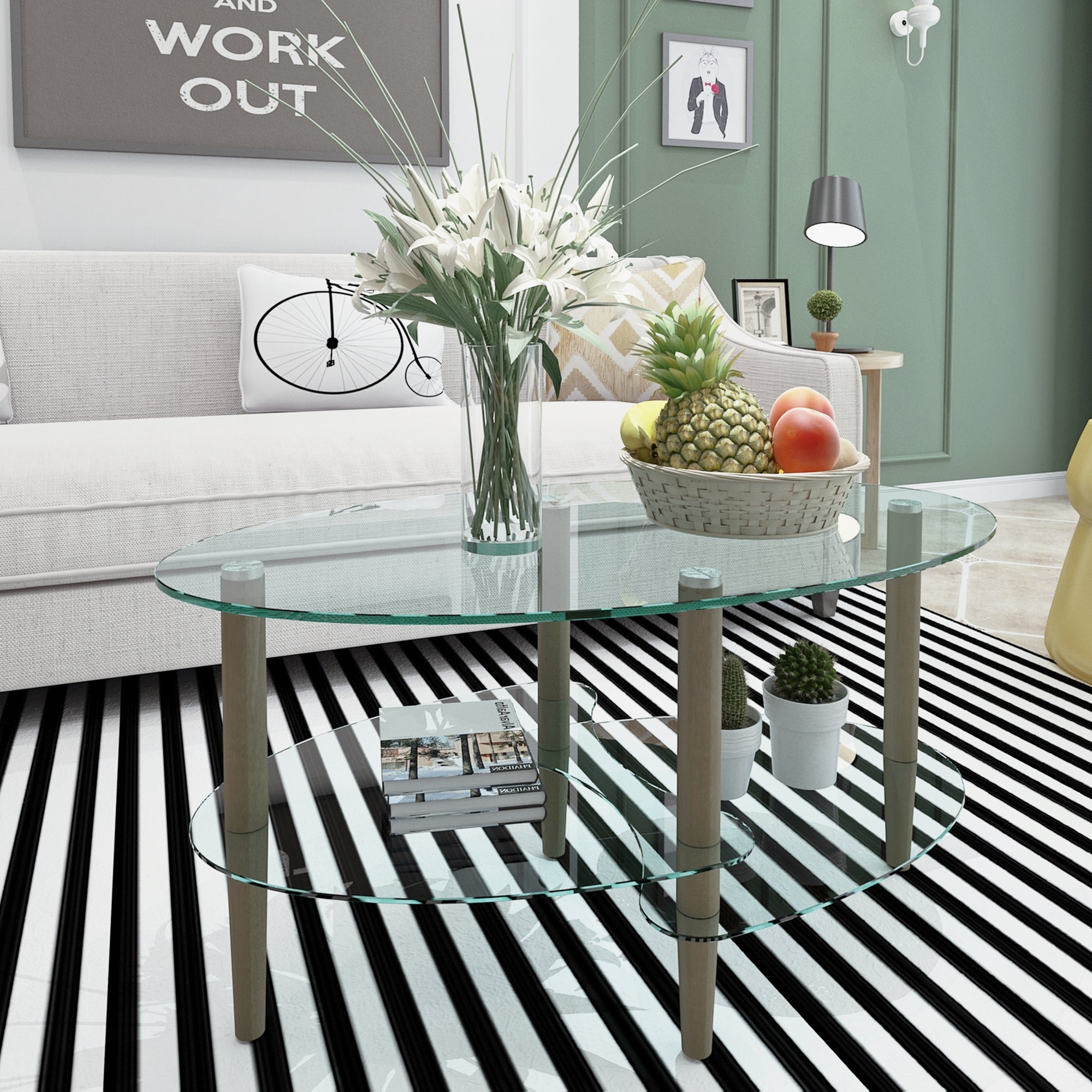 3 Layered Transparent Tempered Glass Oval Modern Coffee Table - Brown