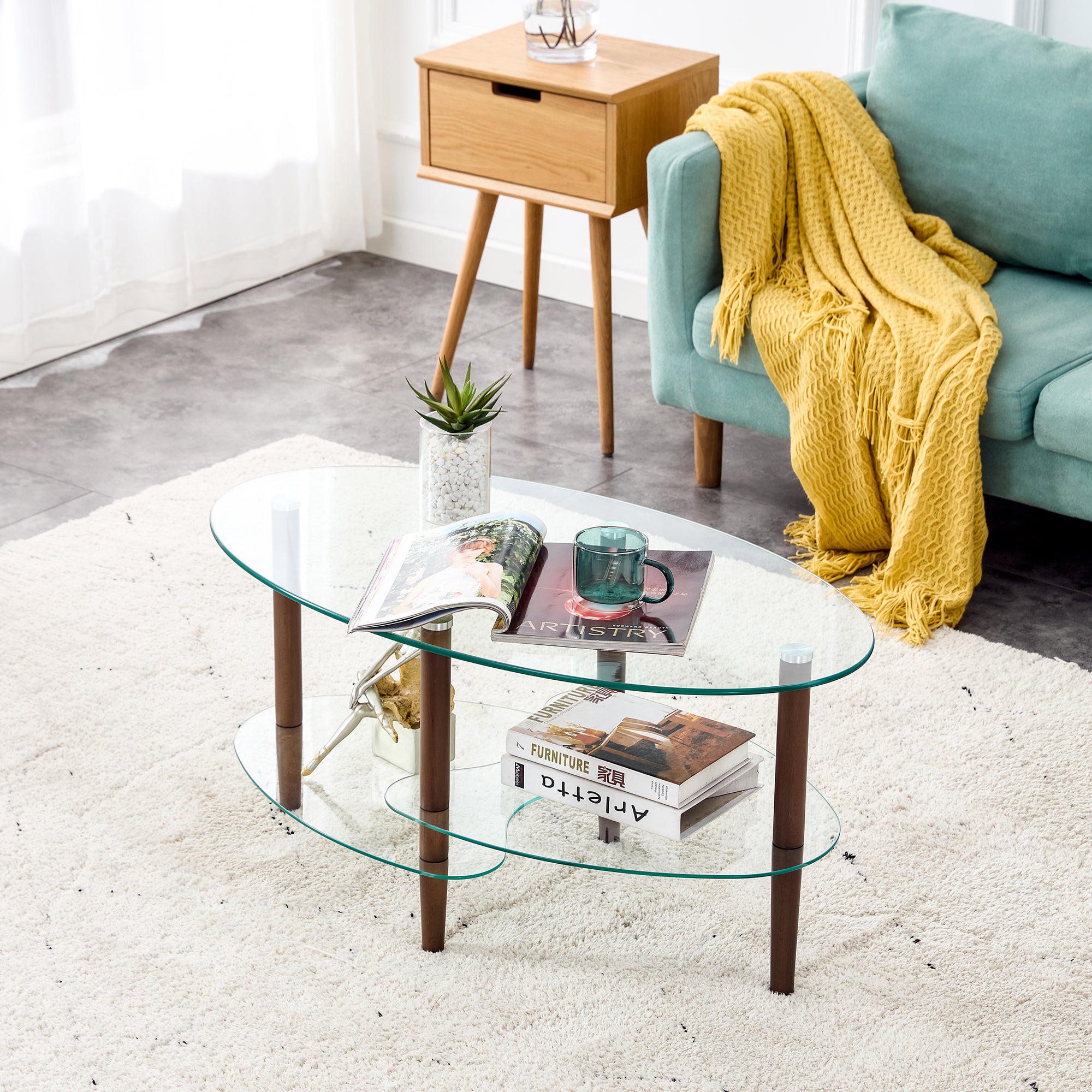 3 Layered Transparent Tempered Glass Oval Modern Coffee Table - Brown