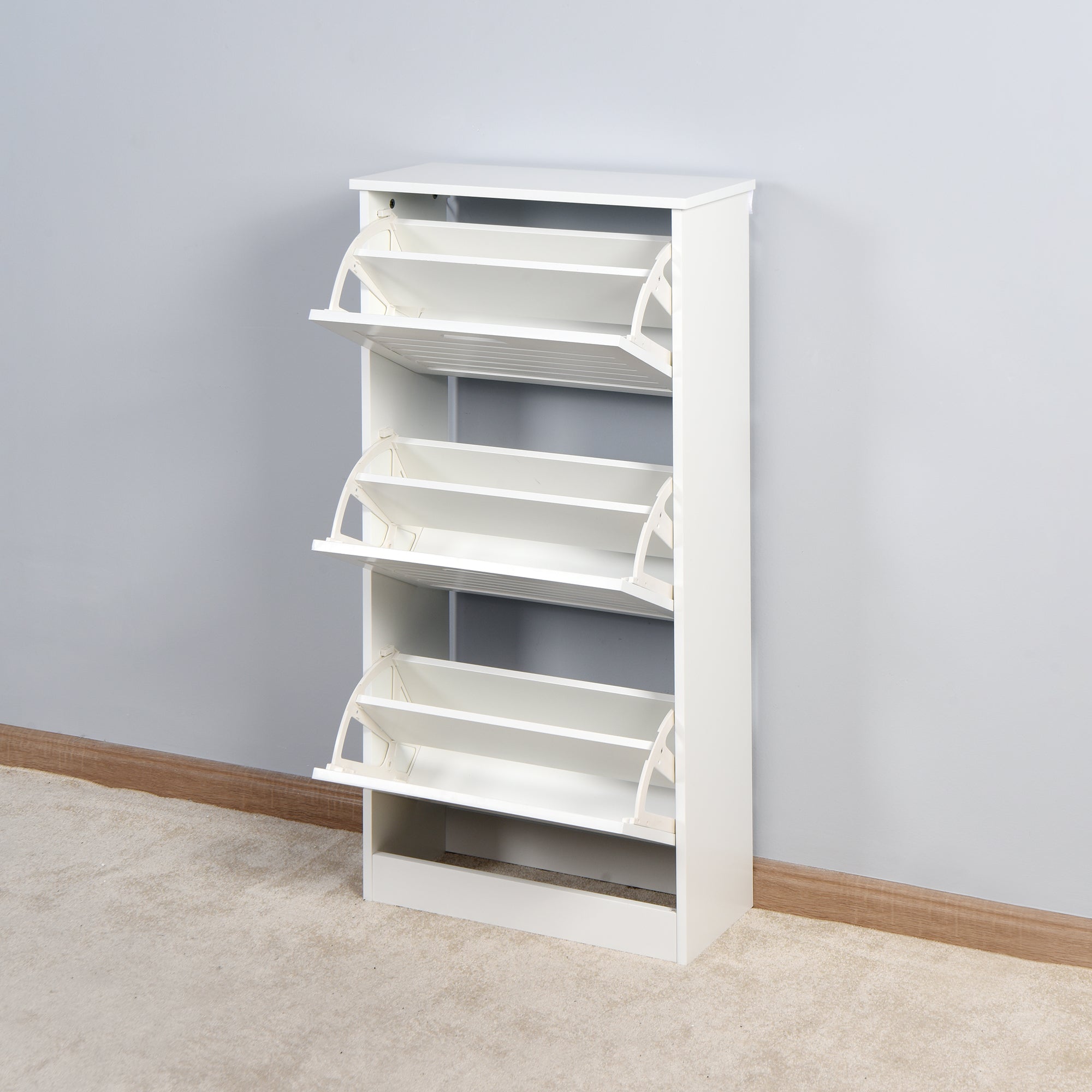 3 Tiers Wooden Entryway Storage Shoe Cabinet with 3 Flip Doors in White