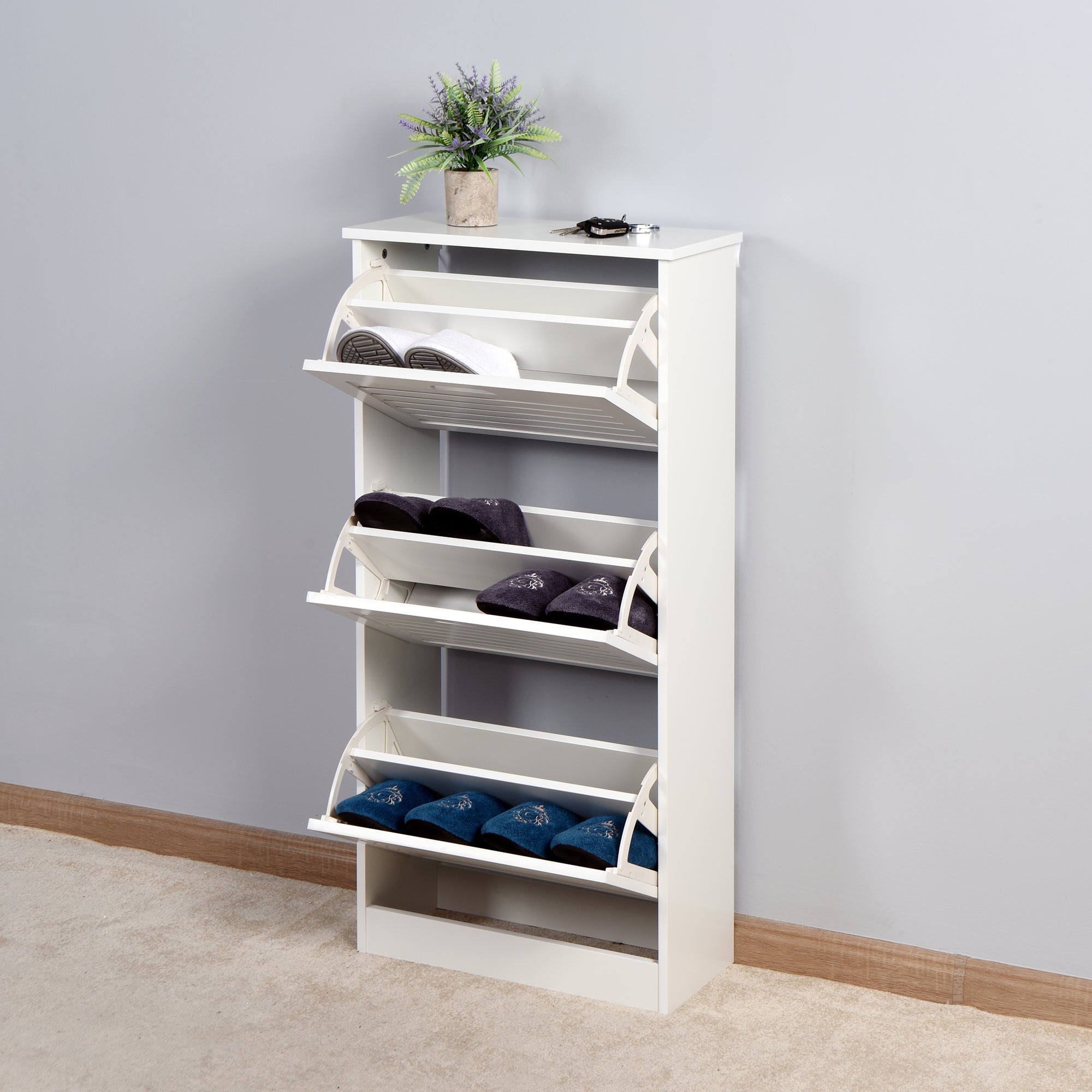 3 Tiers Wooden Entryway Storage Shoe Cabinet with 3 Flip Doors in White