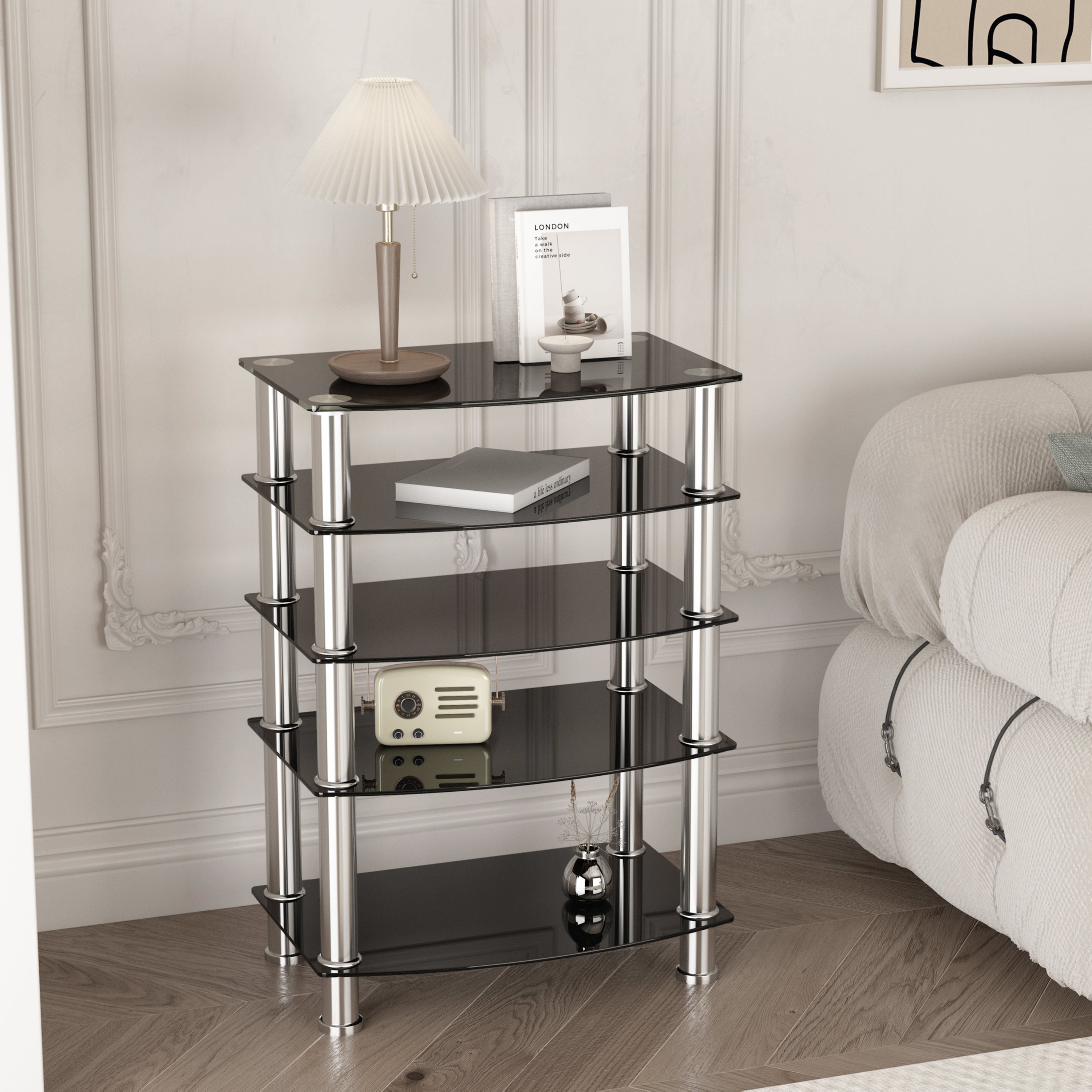 5-Tier Tempered Glass Living Room Side Table with Stainless Steel Frame- Black