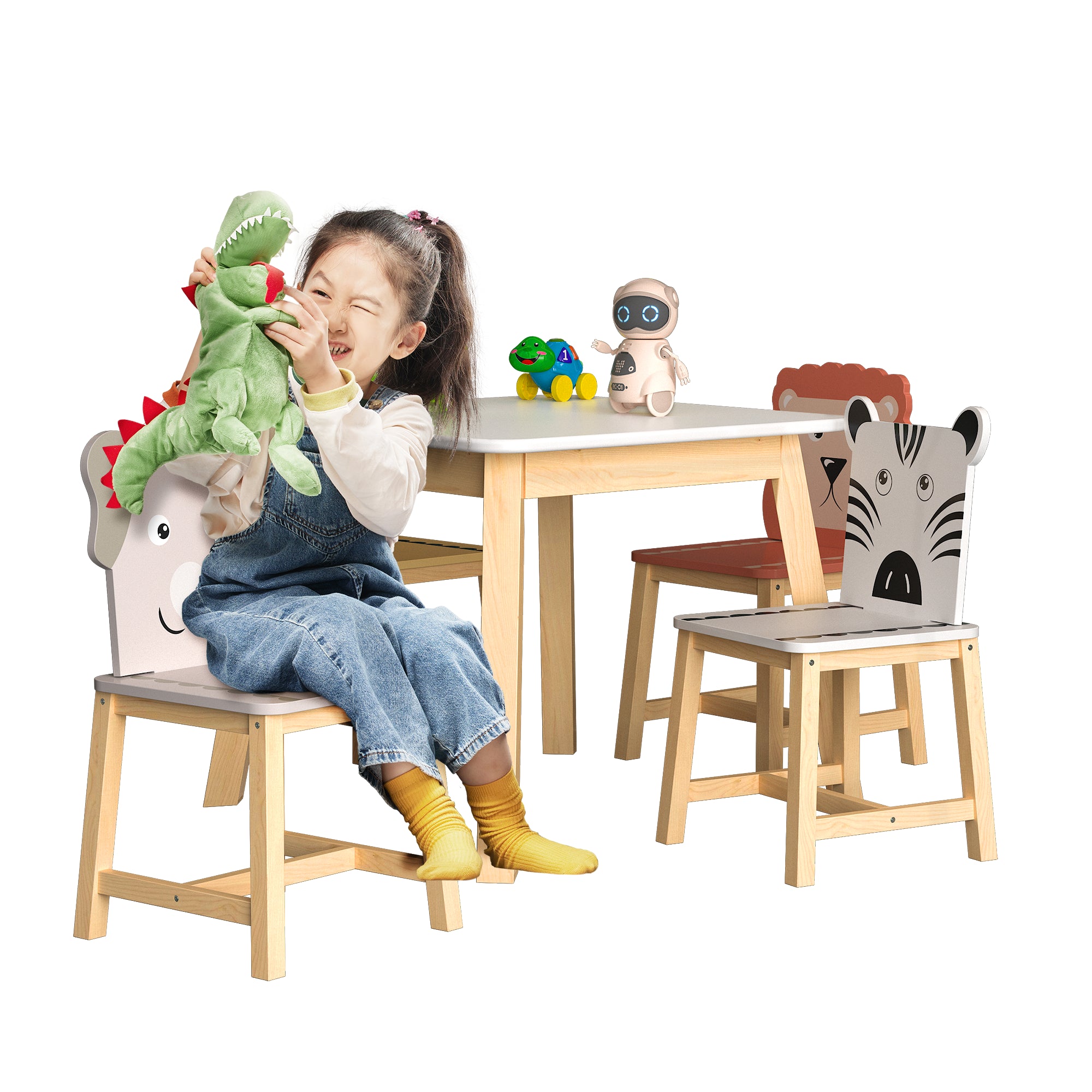 5 Pcs Solid Wood Kiddie Dining and Playing Table and Chair Set- White