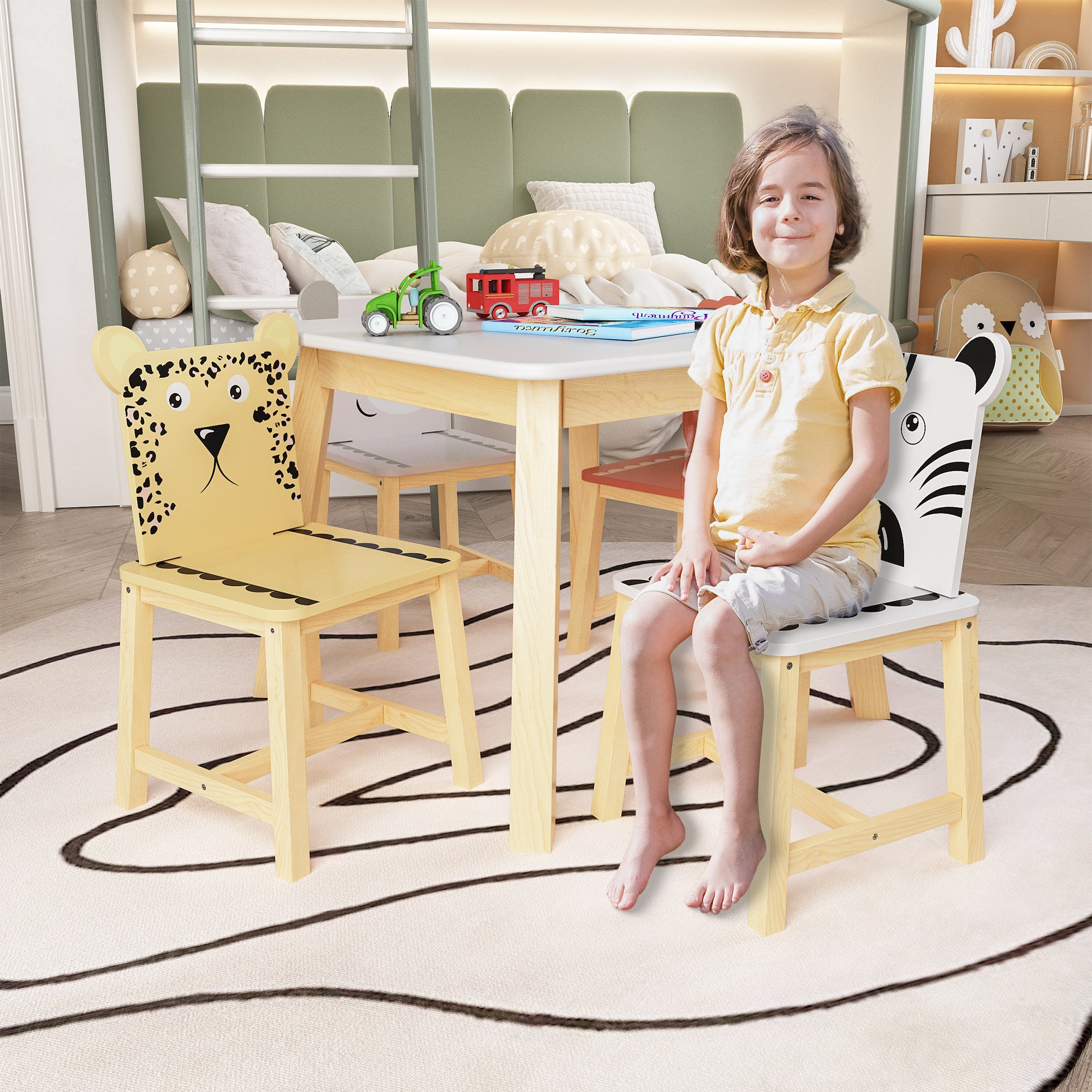 5 Pcs Solid Wood Kiddie Dining and Playing Table and Chair Set- White