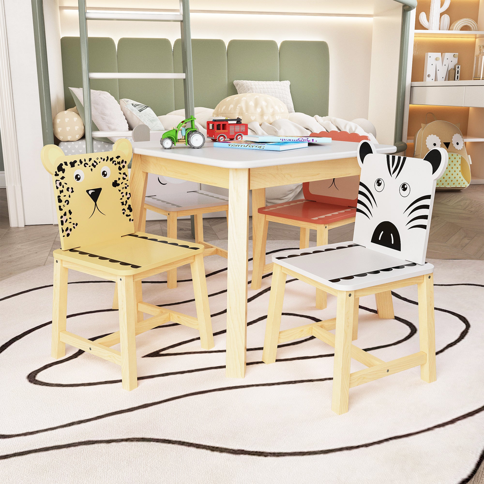 5 Pcs Solid Wood Kiddie Dining and Playing Table and Chair Set- White