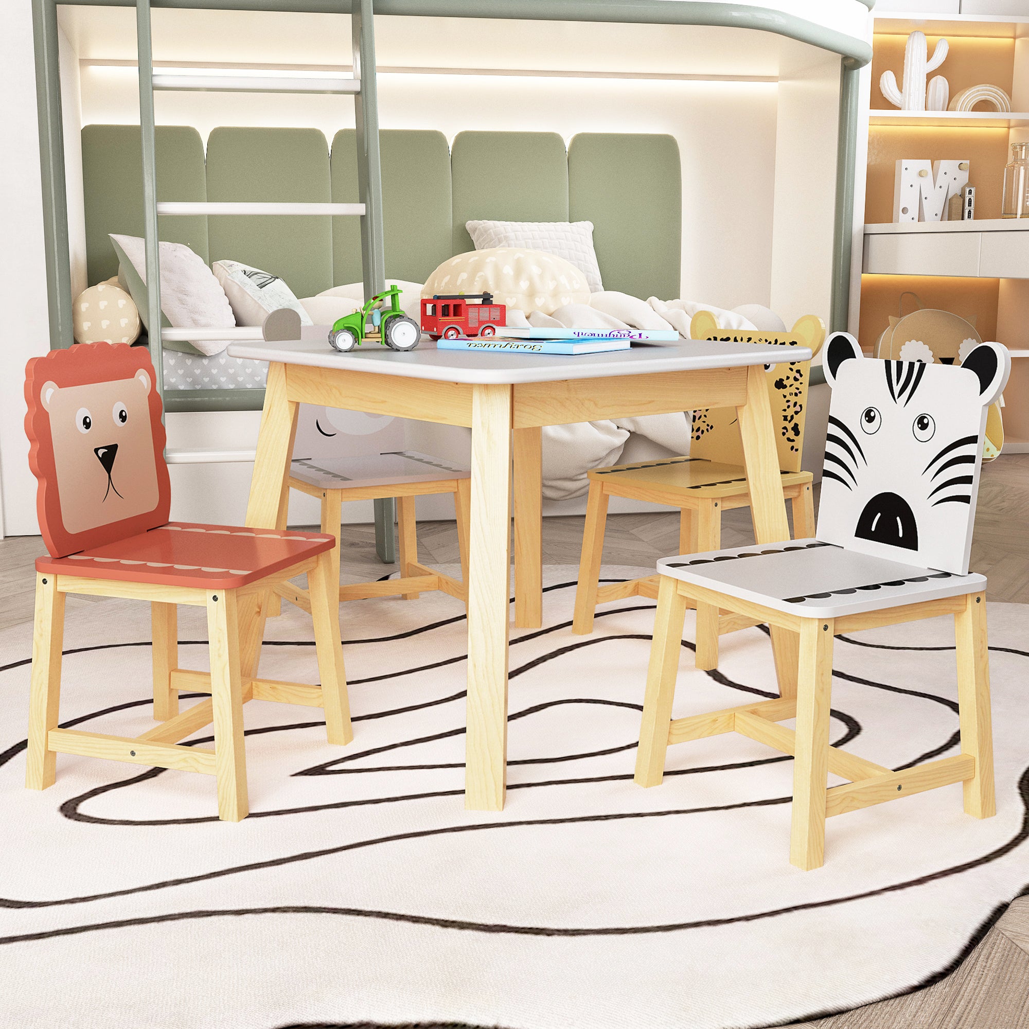5 Pcs Solid Wood Kiddie Dining and Playing Table and Chair Set- White