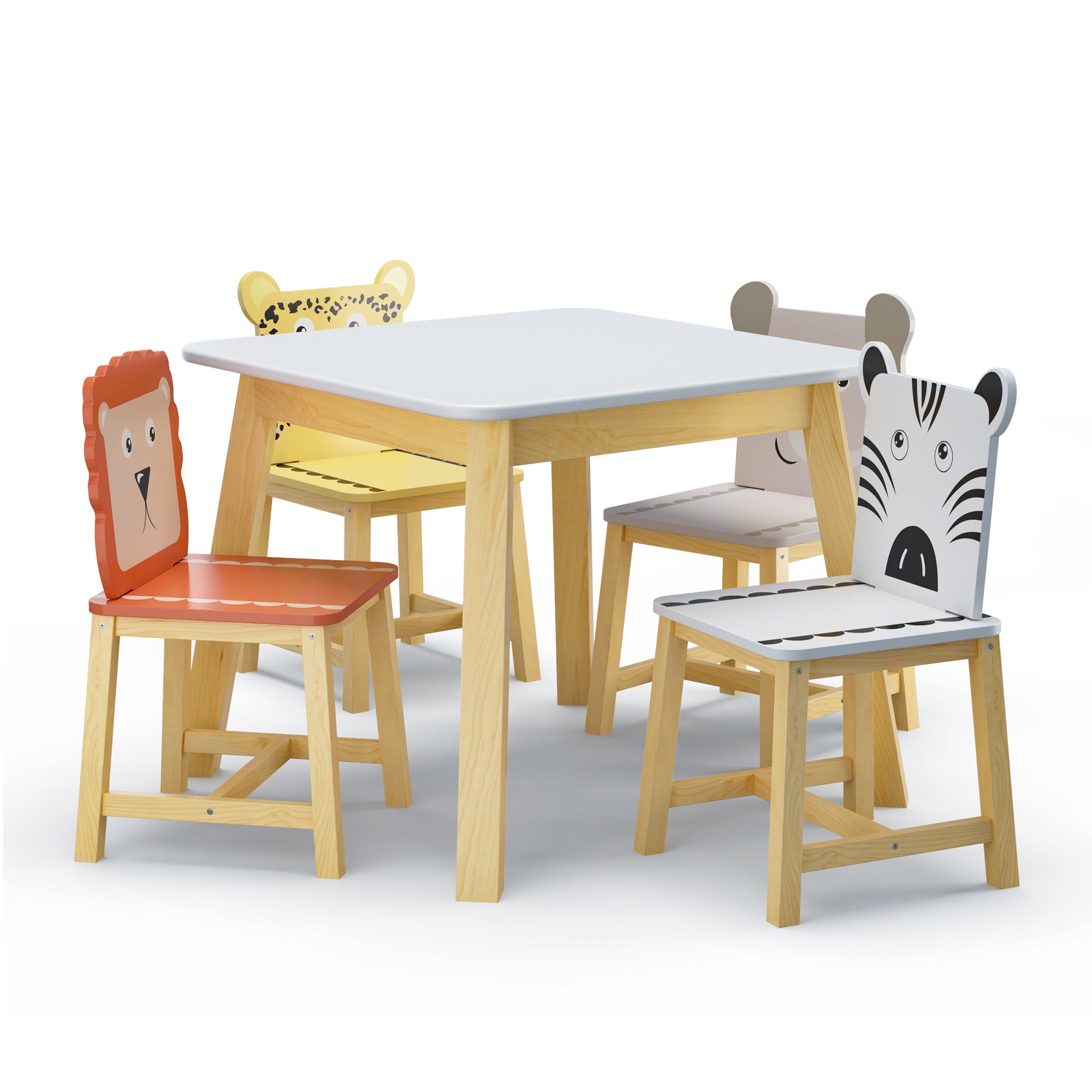 5 Pcs Solid Wood Kiddie Dining and Playing Table and Chair Set- White
