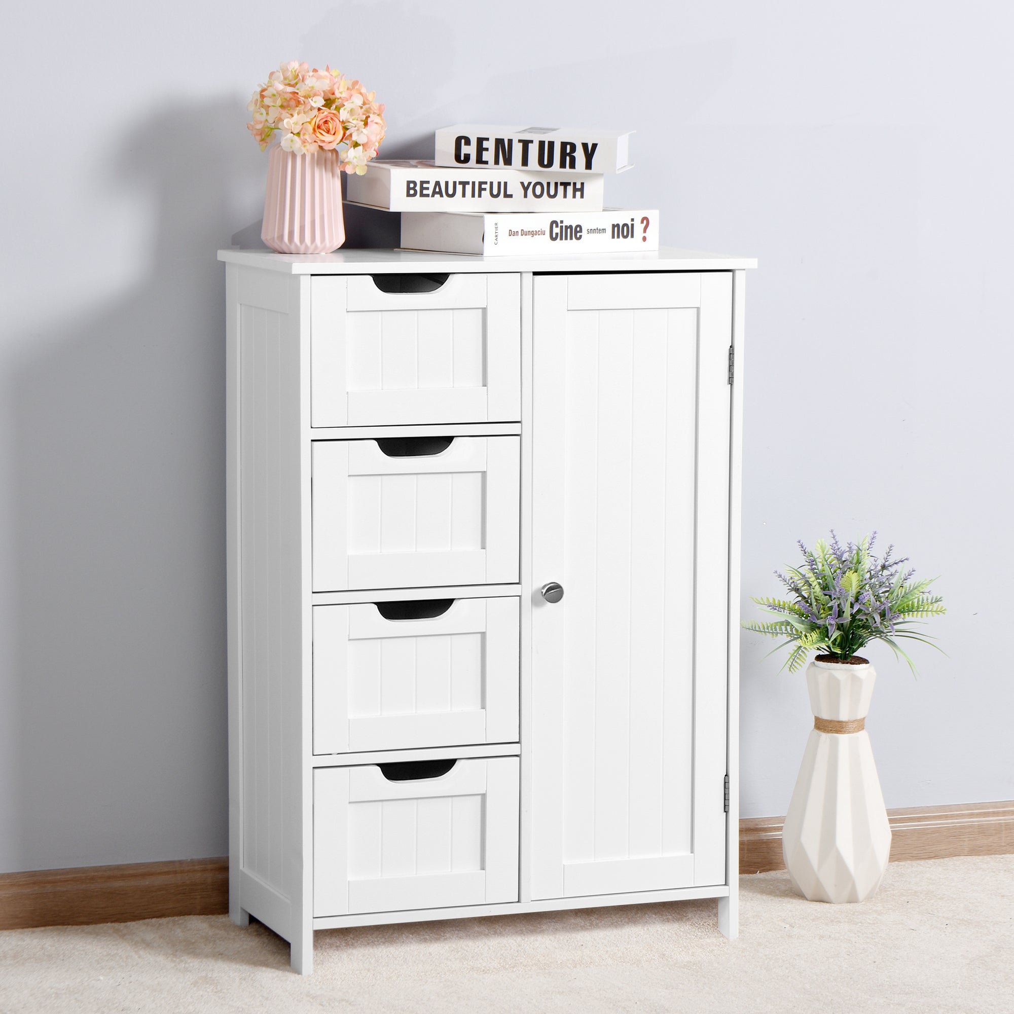 4 Drawers 1 Shelf Floor Standing Wooden Cabinet and Storage Organizer- White