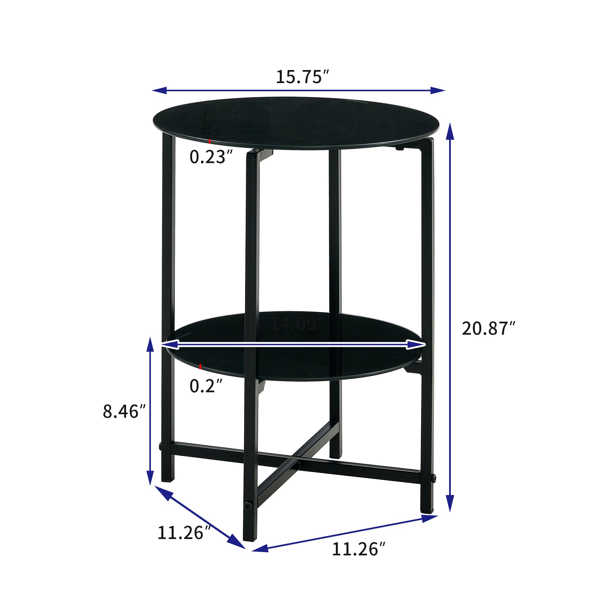 2 pcs Modern Designed Tempered Glass Round Coffee and End Table- Black