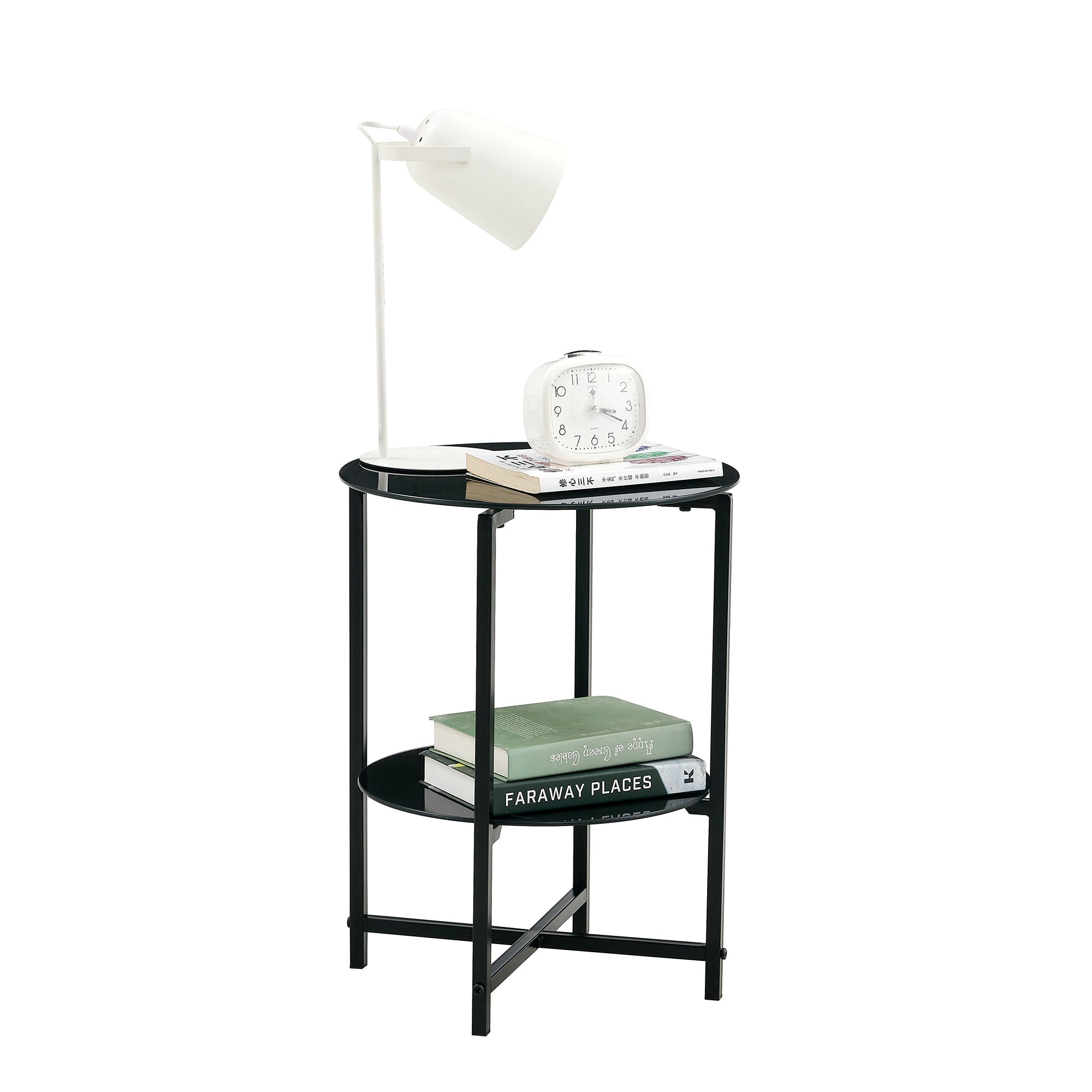 2 pcs Modern Designed Tempered Glass Round Coffee and End Table- Black