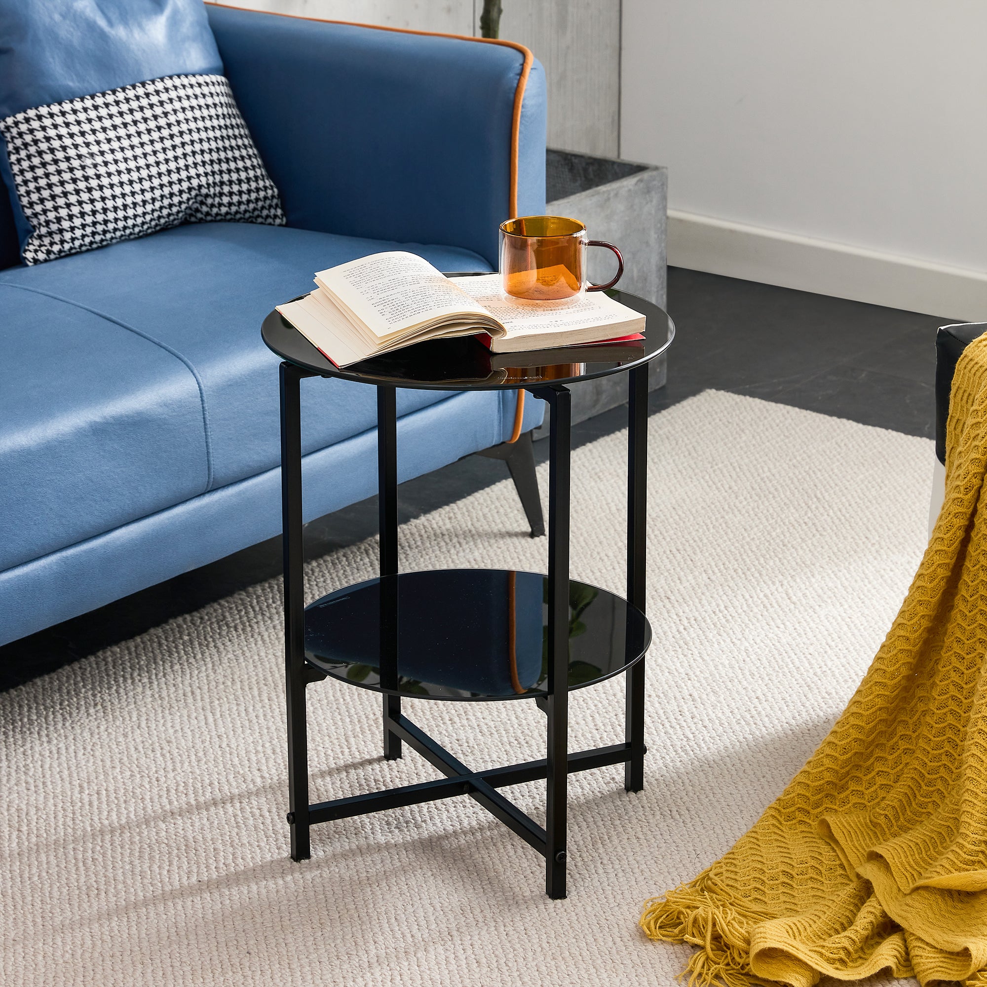 2 pcs Modern Designed Tempered Glass Round Coffee and End Table- Black