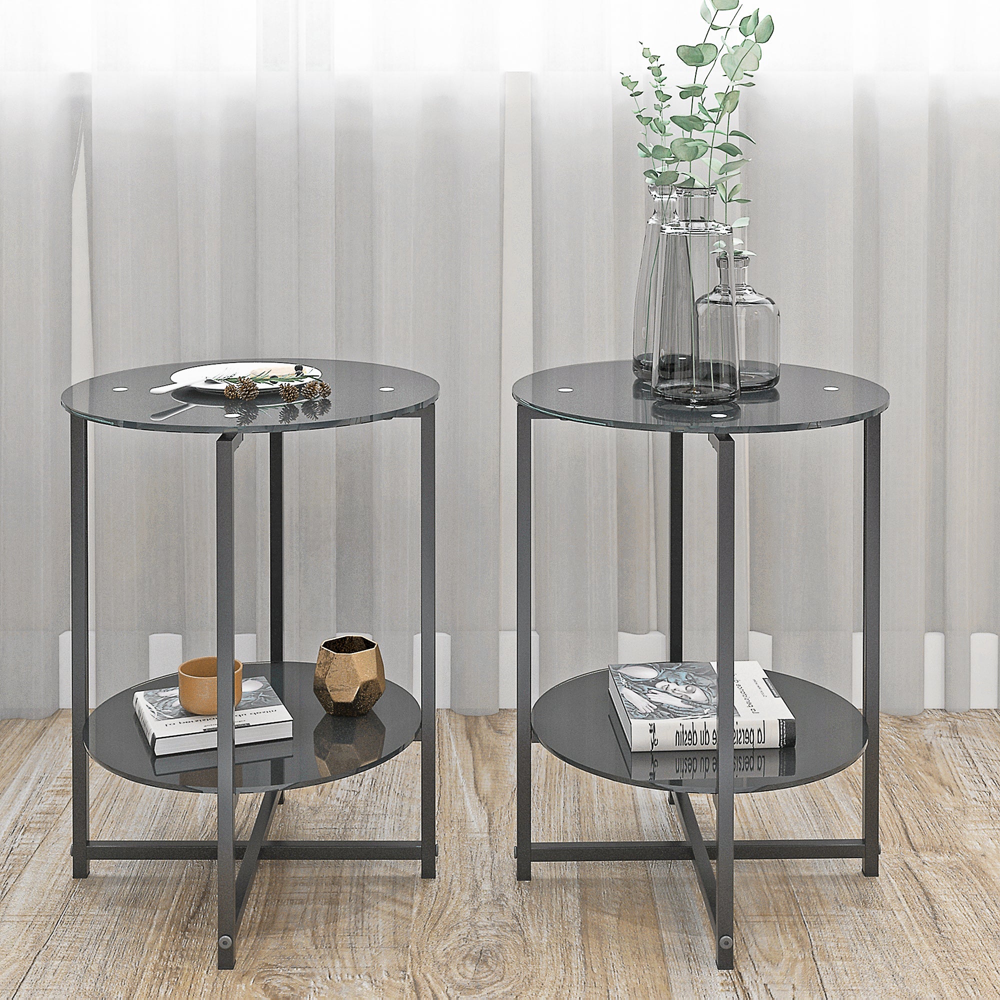 2 pcs Modern Designed Tempered Glass Round Coffee and End Table- Black