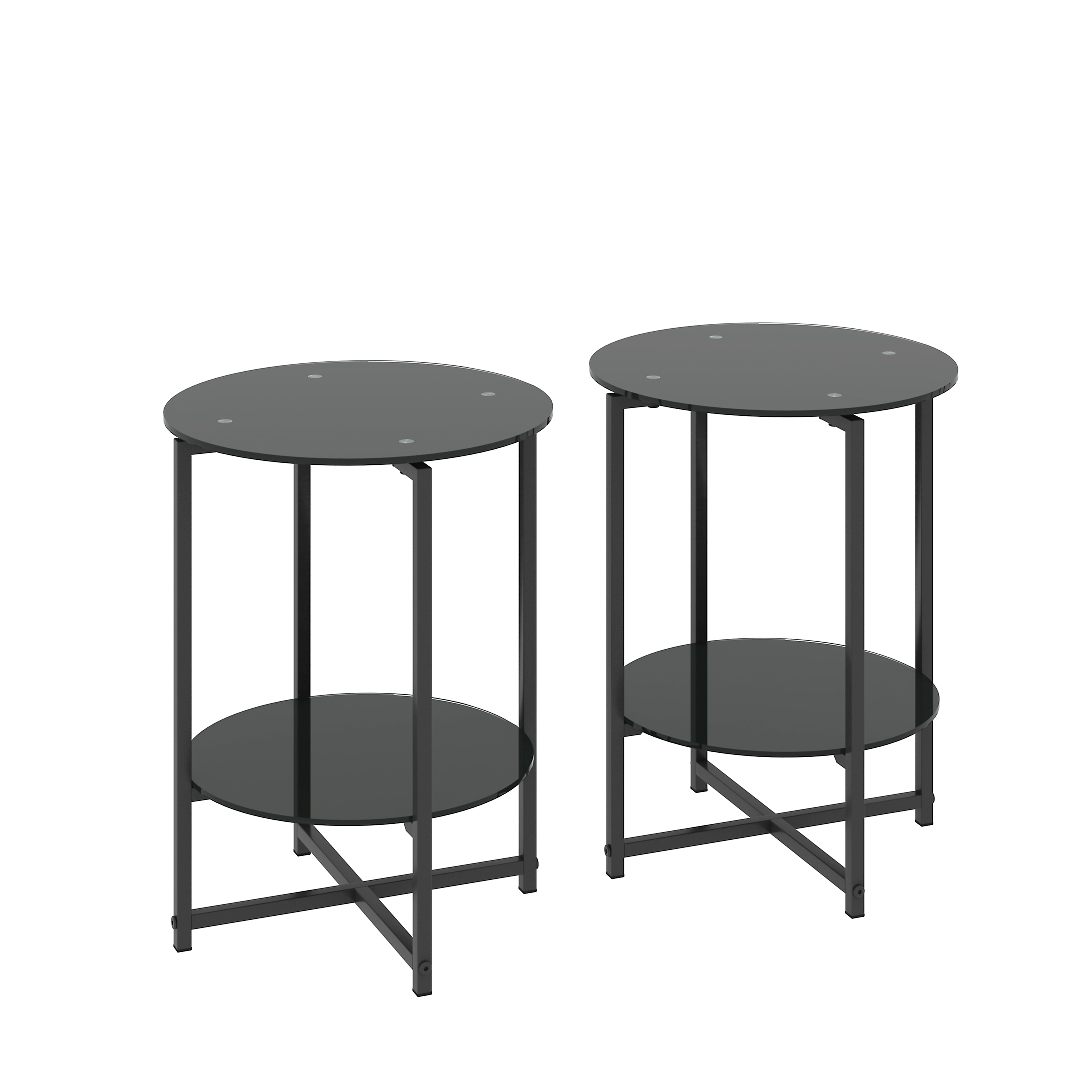 2 pcs Modern Designed Tempered Glass Round Coffee and End Table- Black