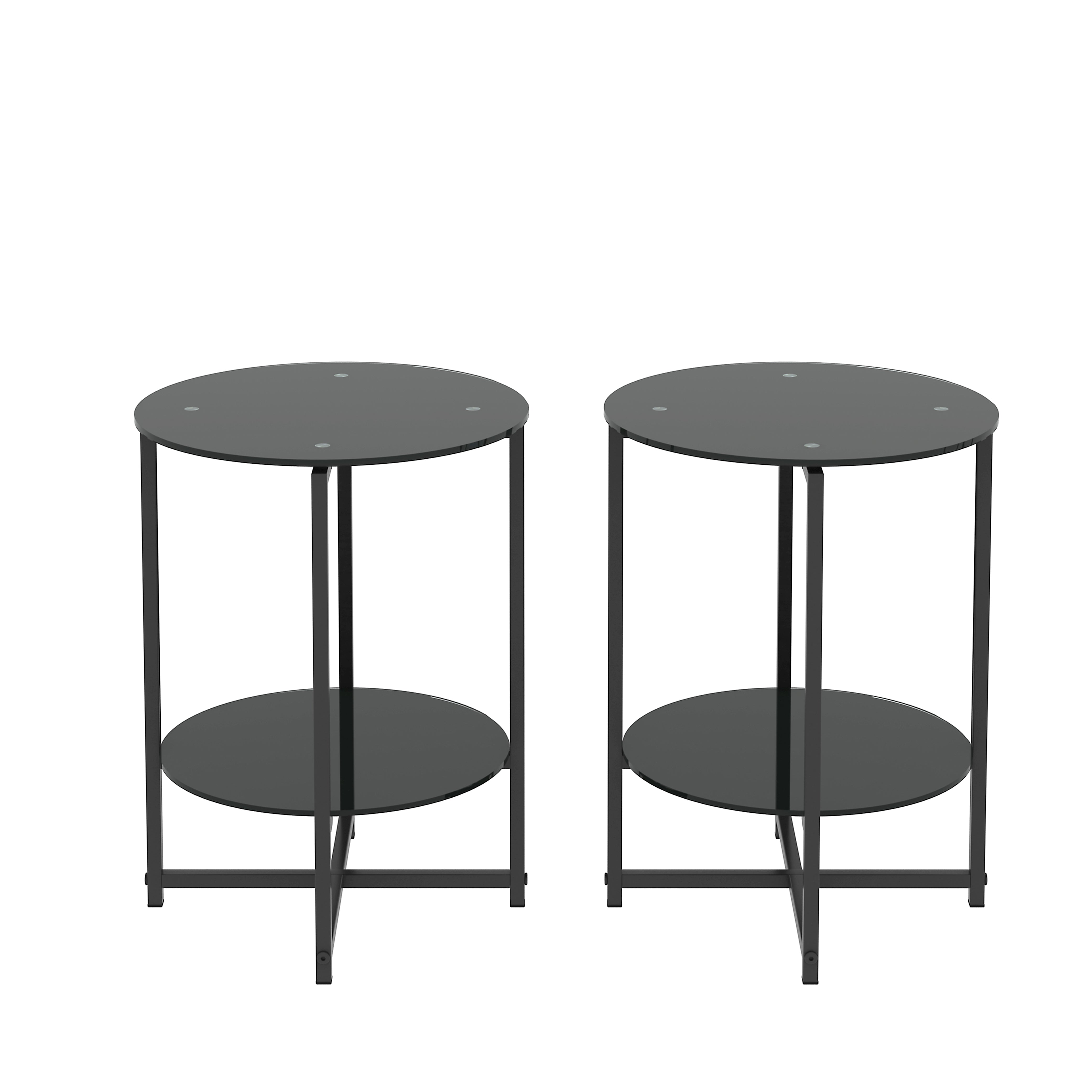 2 pcs Modern Designed Tempered Glass Round Coffee and End Table- Black