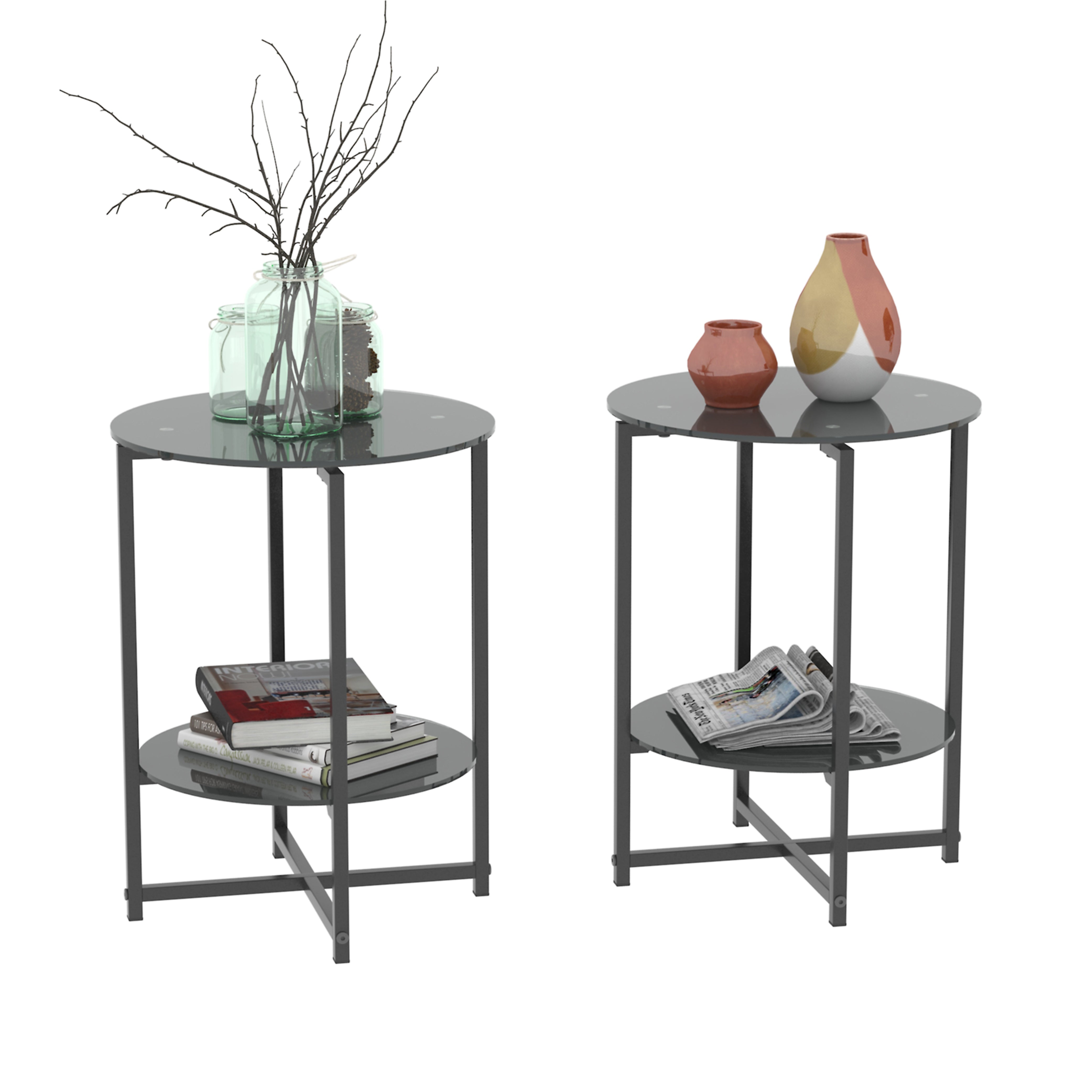 2 pcs Modern Designed Tempered Glass Round Coffee and End Table- Black
