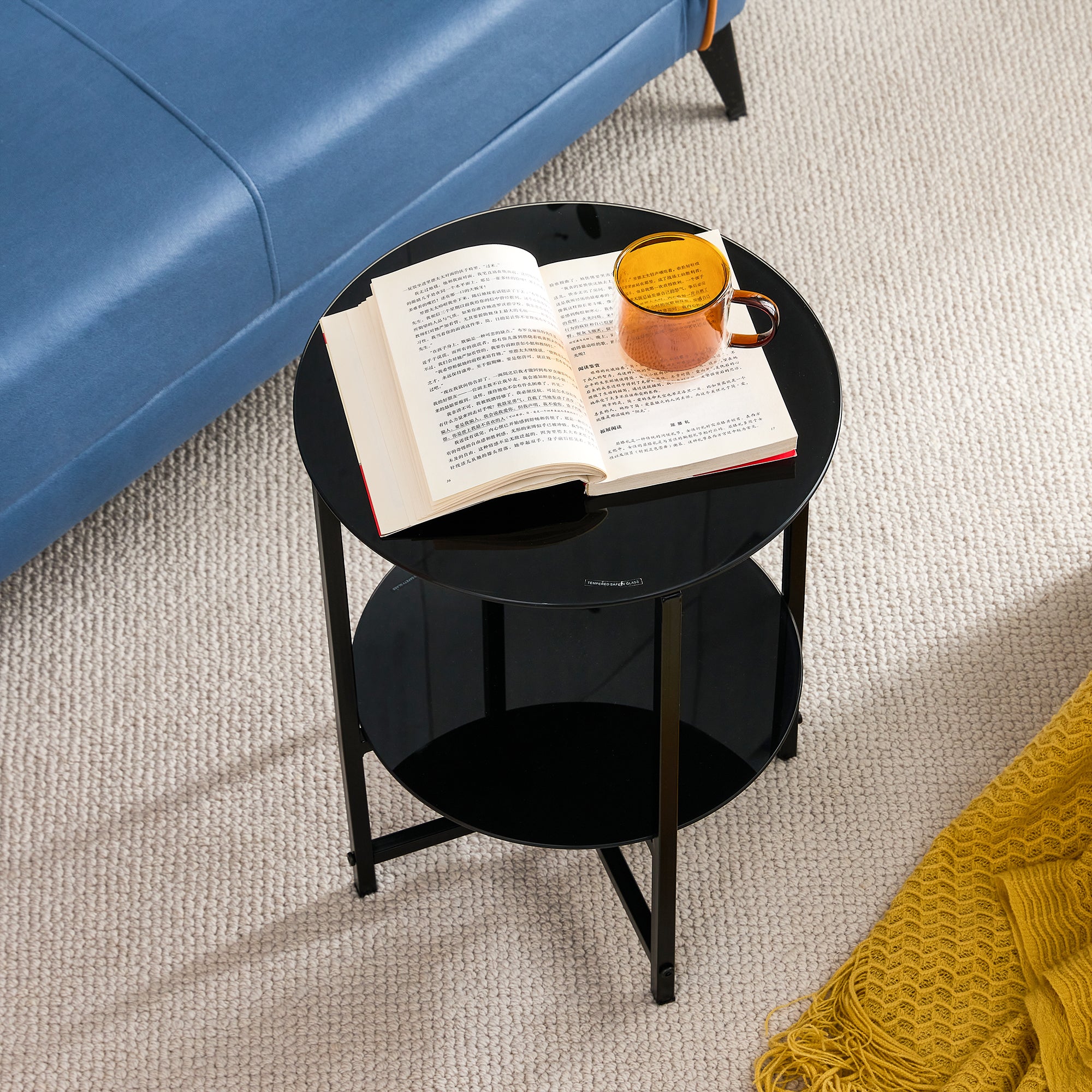 2 pcs Modern Designed Tempered Glass Round Coffee and End Table- Black