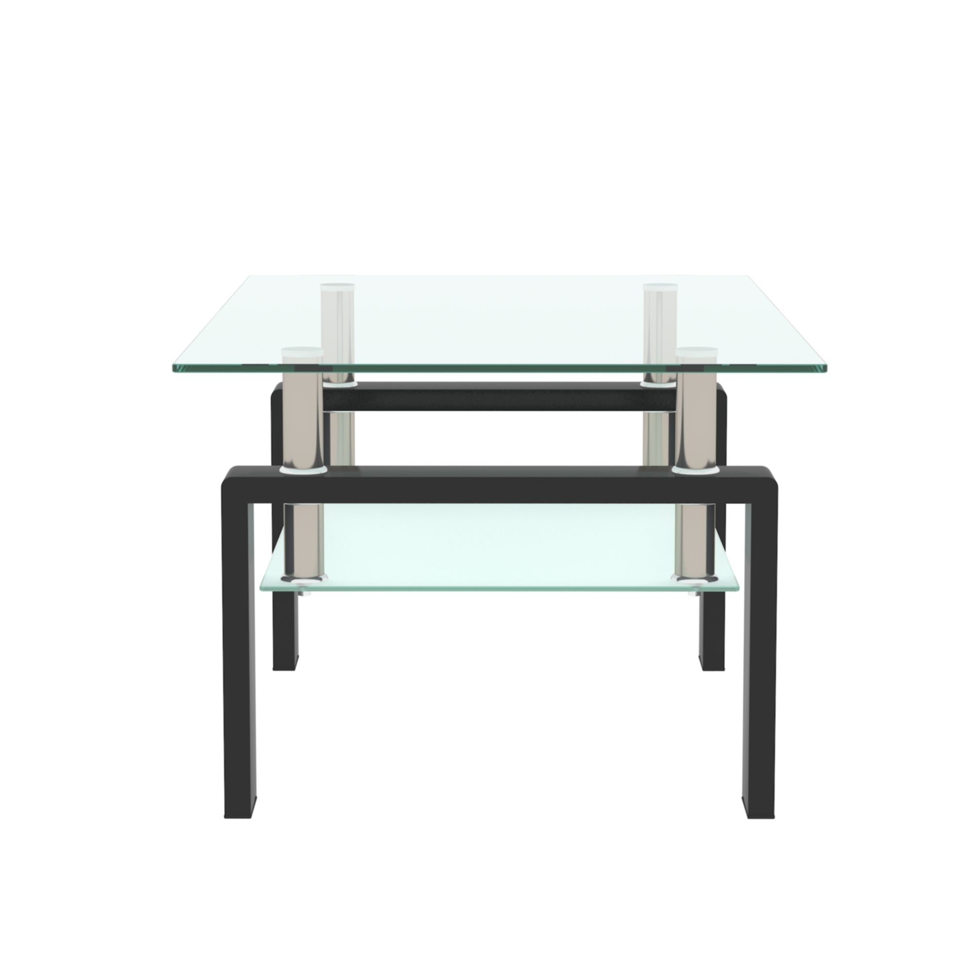 Rectangular Double Layer Living Room Glass Coffee Table with Metal Legs- Clear Glass+Black