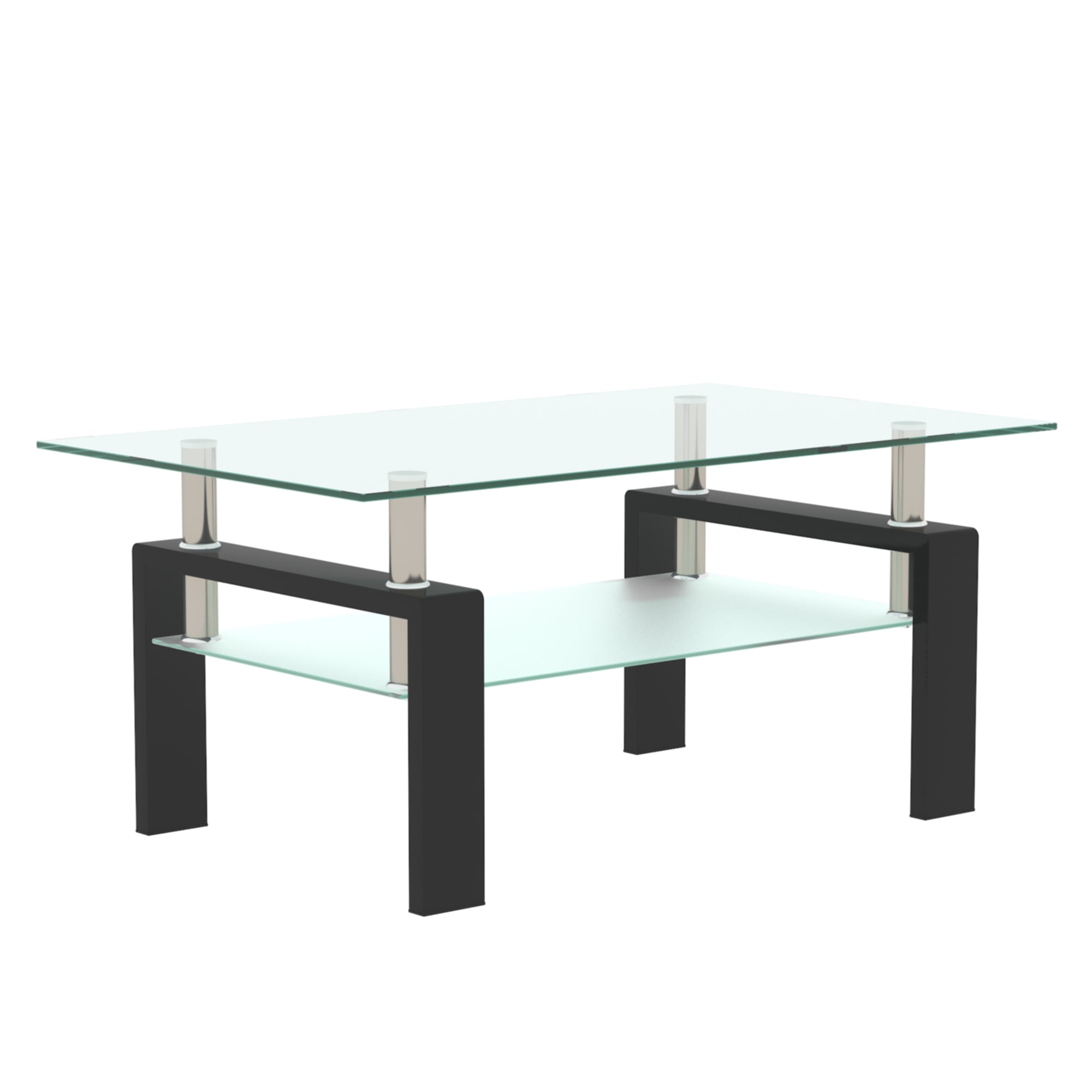 Rectangular Double Layer Living Room Glass Coffee Table with Metal Legs- Clear Glass+Black