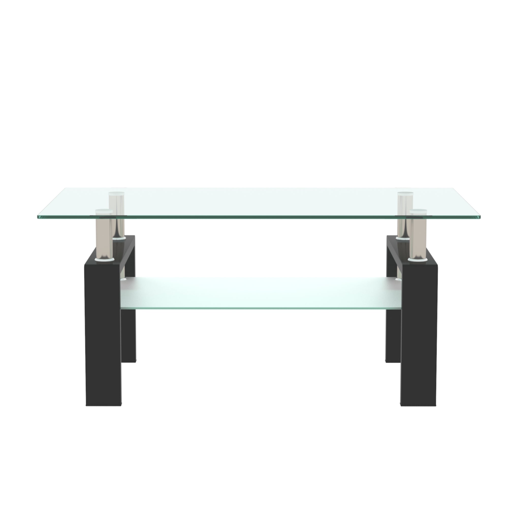 Rectangular Double Layer Living Room Glass Coffee Table with Metal Legs- Clear Glass+Black
