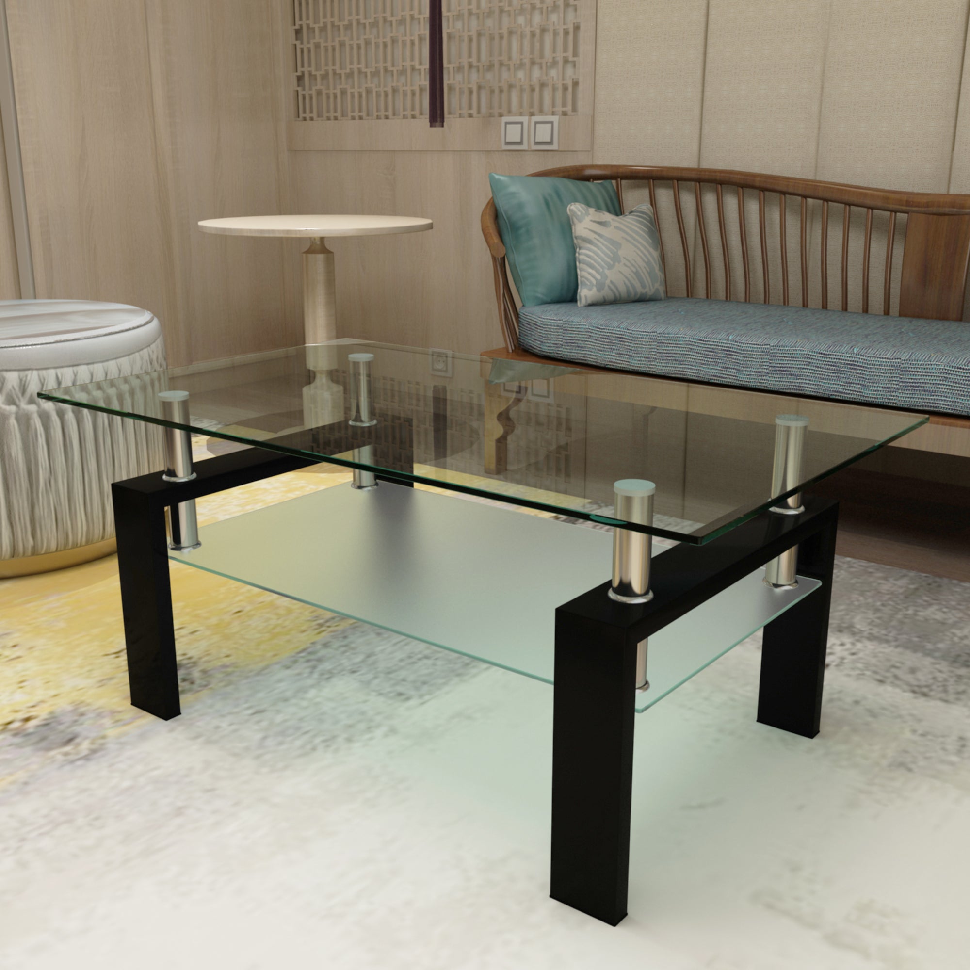 Rectangular Double Layer Living Room Glass Coffee Table with Metal Legs- Clear Glass+Black