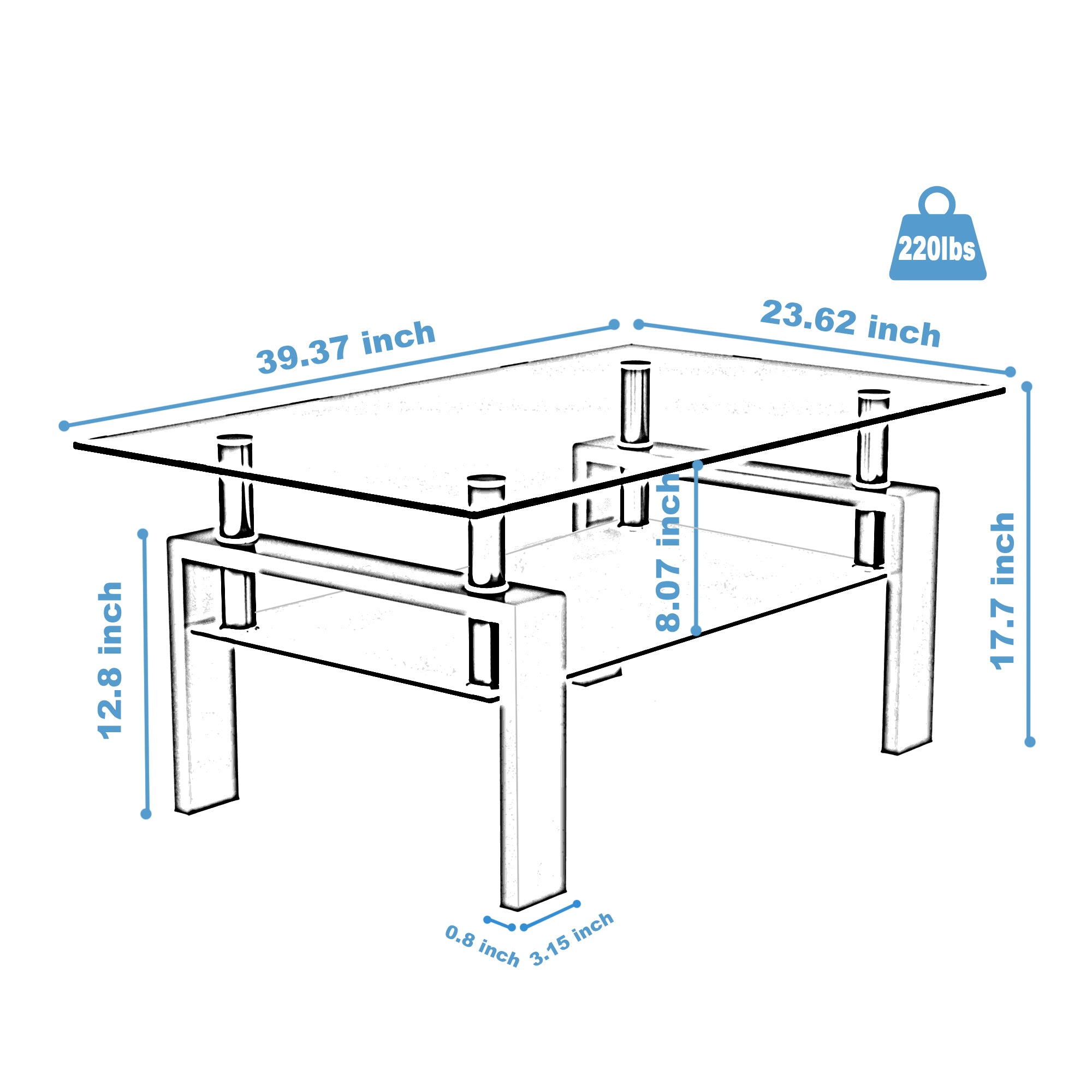 Rectangular Double Layer Living Room Glass Coffee Table with Metal Legs- Clear Glass+Black