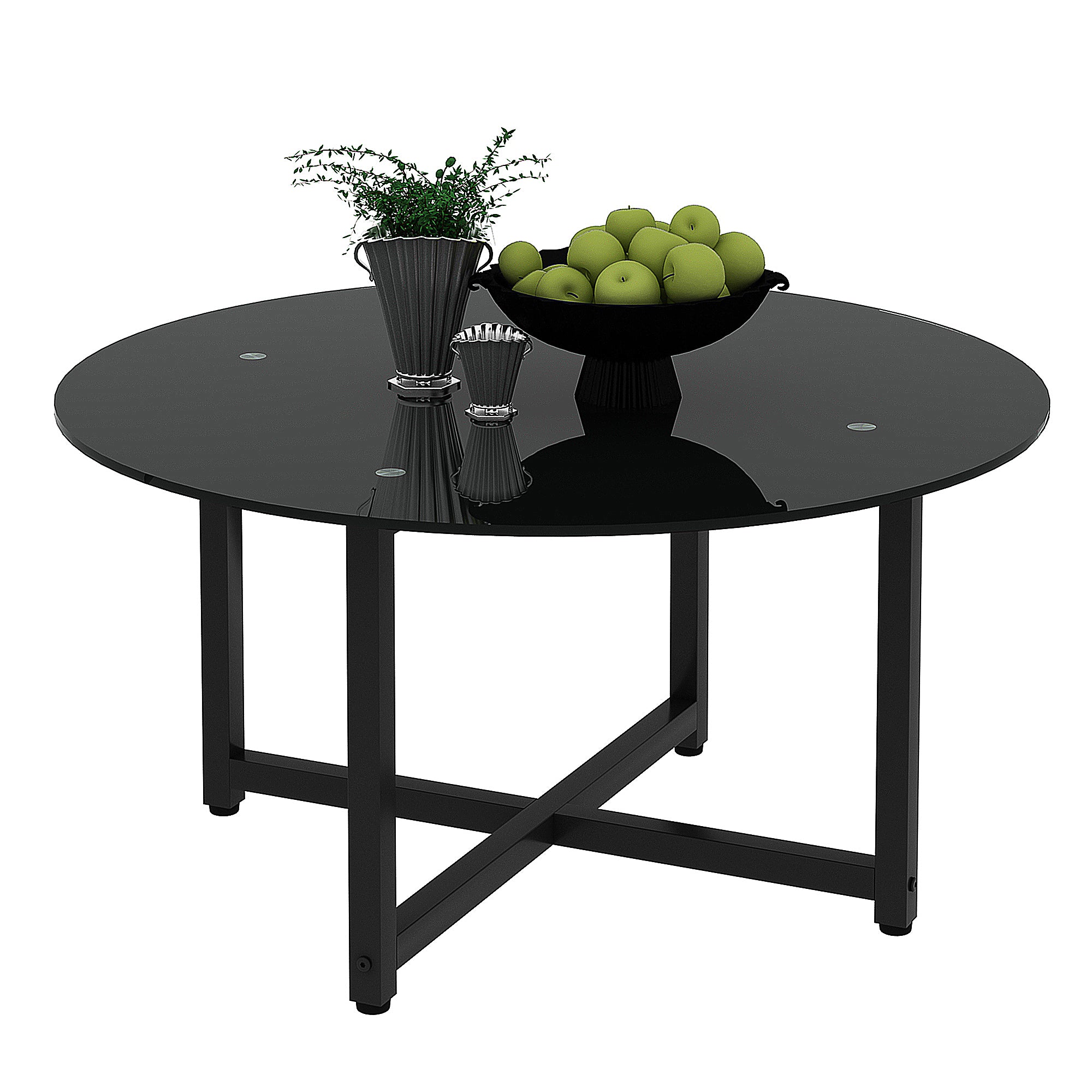 35.5'' Modern Design Round Clear Tempered Glass Coffee Table- Black