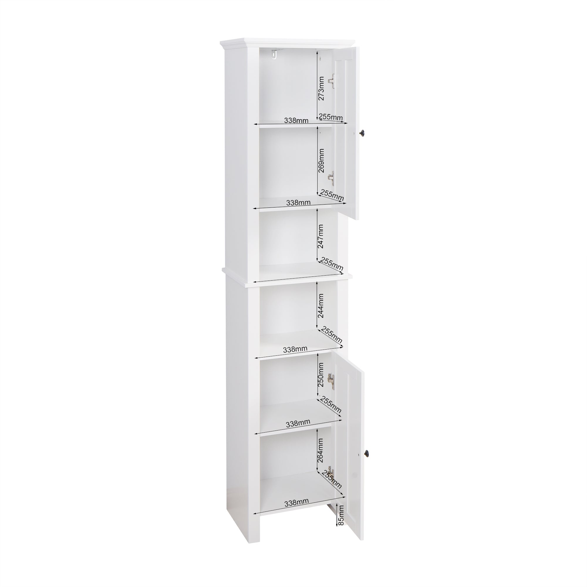 6 Shelves Slim Bathroom Floor Storage and Organizer with 2 Doors- White