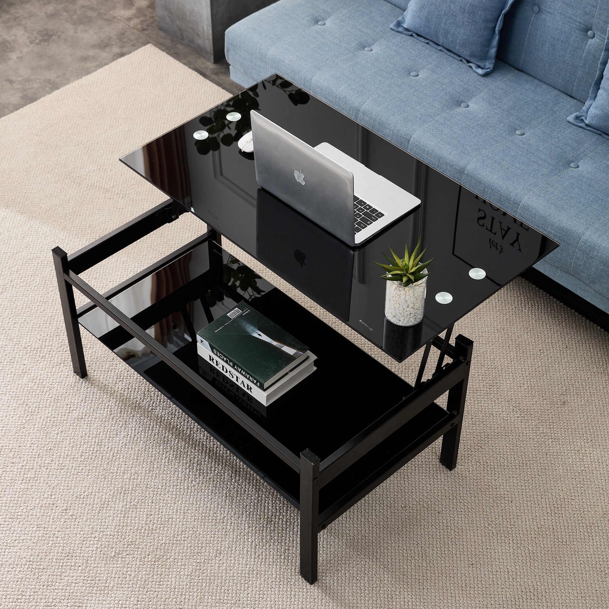 2 Layers Modern Designed Lifting Top Tempered Glass Coffee Table- Black