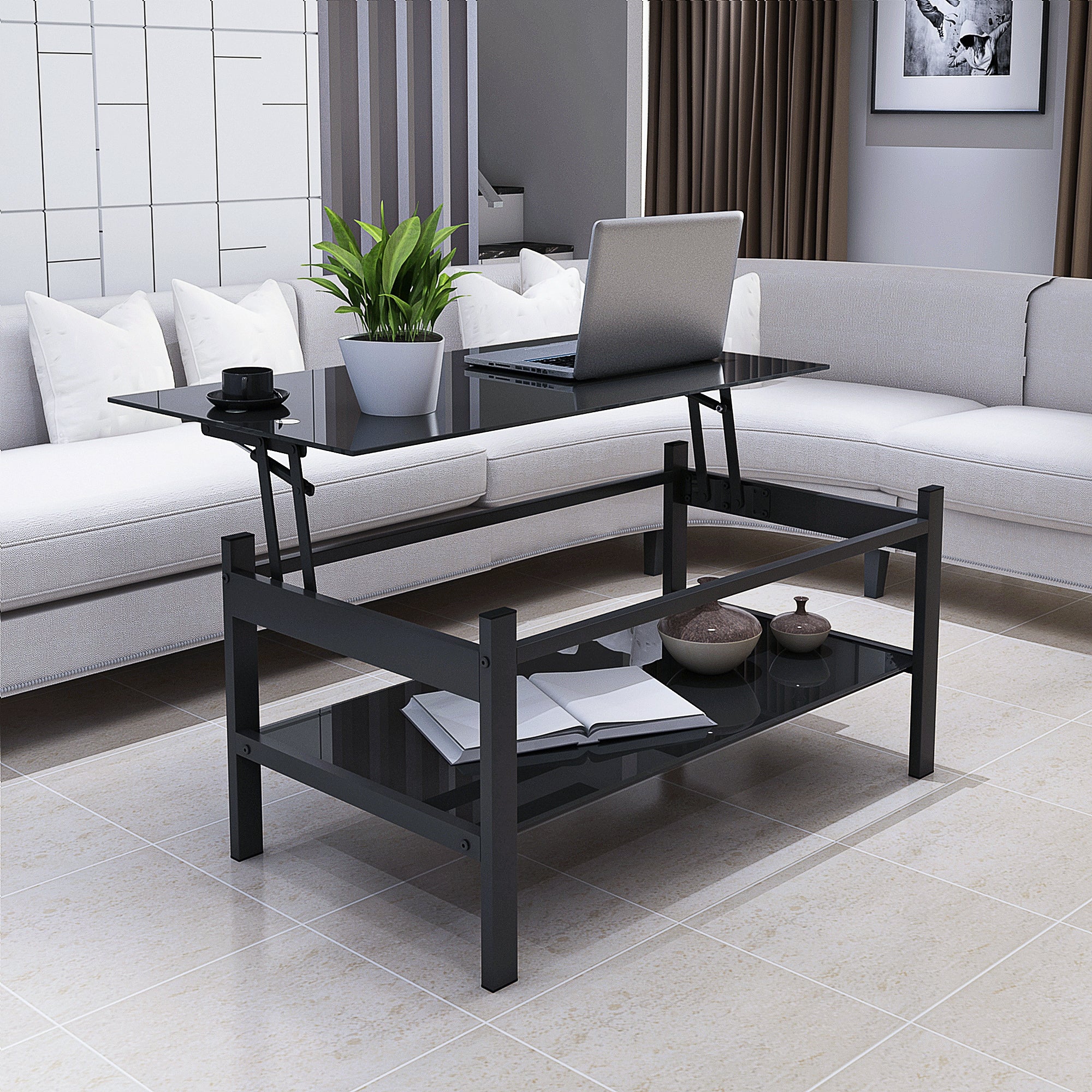 2 Layers Modern Designed Lifting Top Tempered Glass Coffee Table- Black