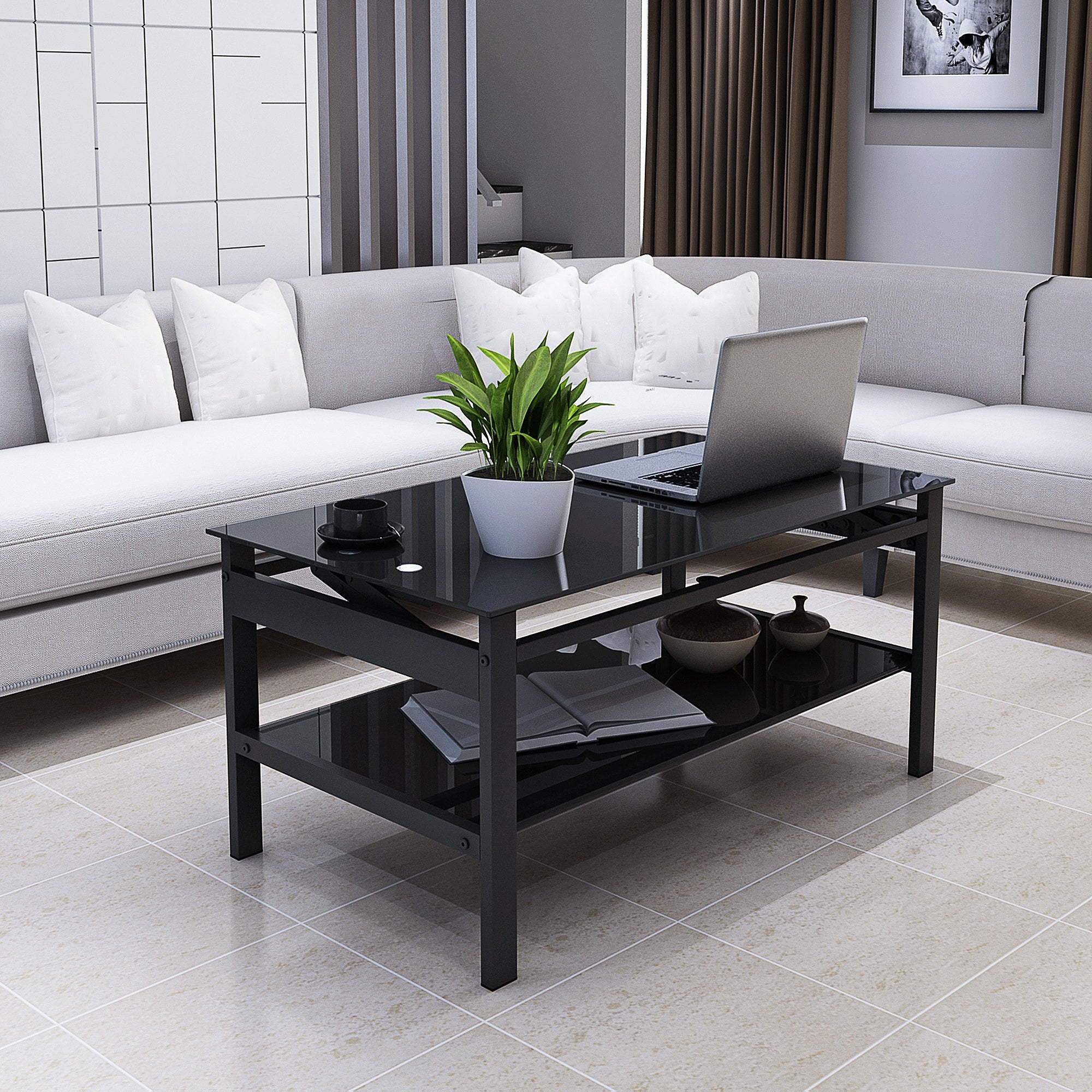 2 Layers Modern Designed Lifting Top Tempered Glass Coffee Table- Black