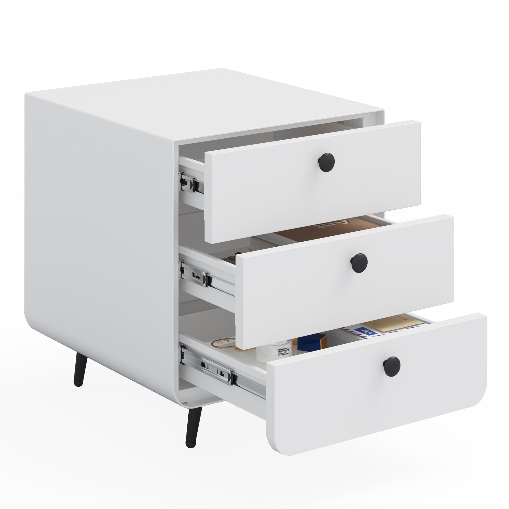 3 Drawers Nordic Minimalist Bedside Steel Cabinet with Round Handle- White
