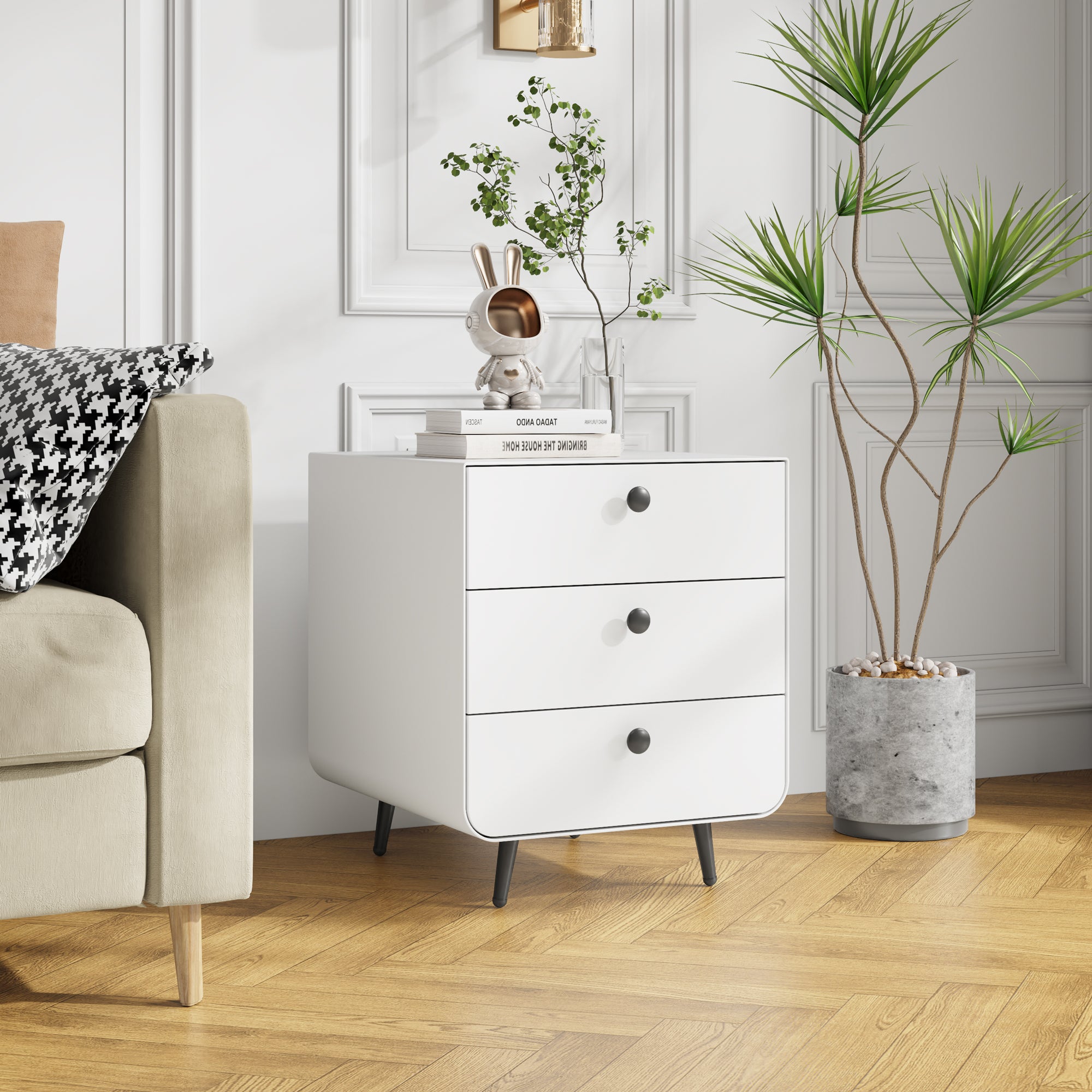 3 Drawers Nordic Minimalist Bedside Steel Cabinet with Round Handle- White
