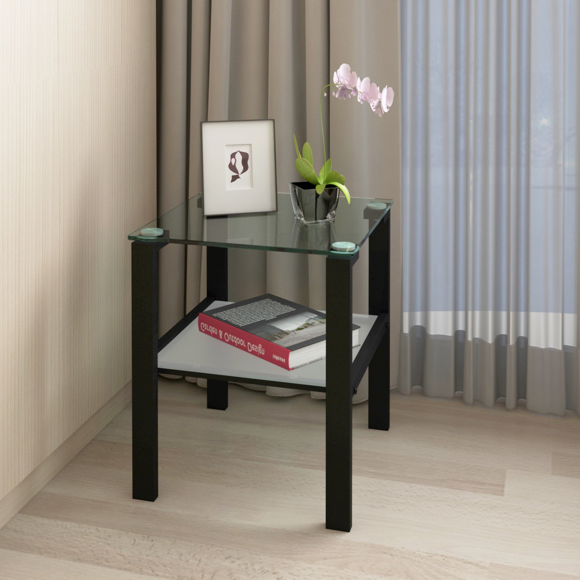 2pcs Two Layered Tempered Glass Small Bedroom Corner Home Tea Table- Transparent+Black