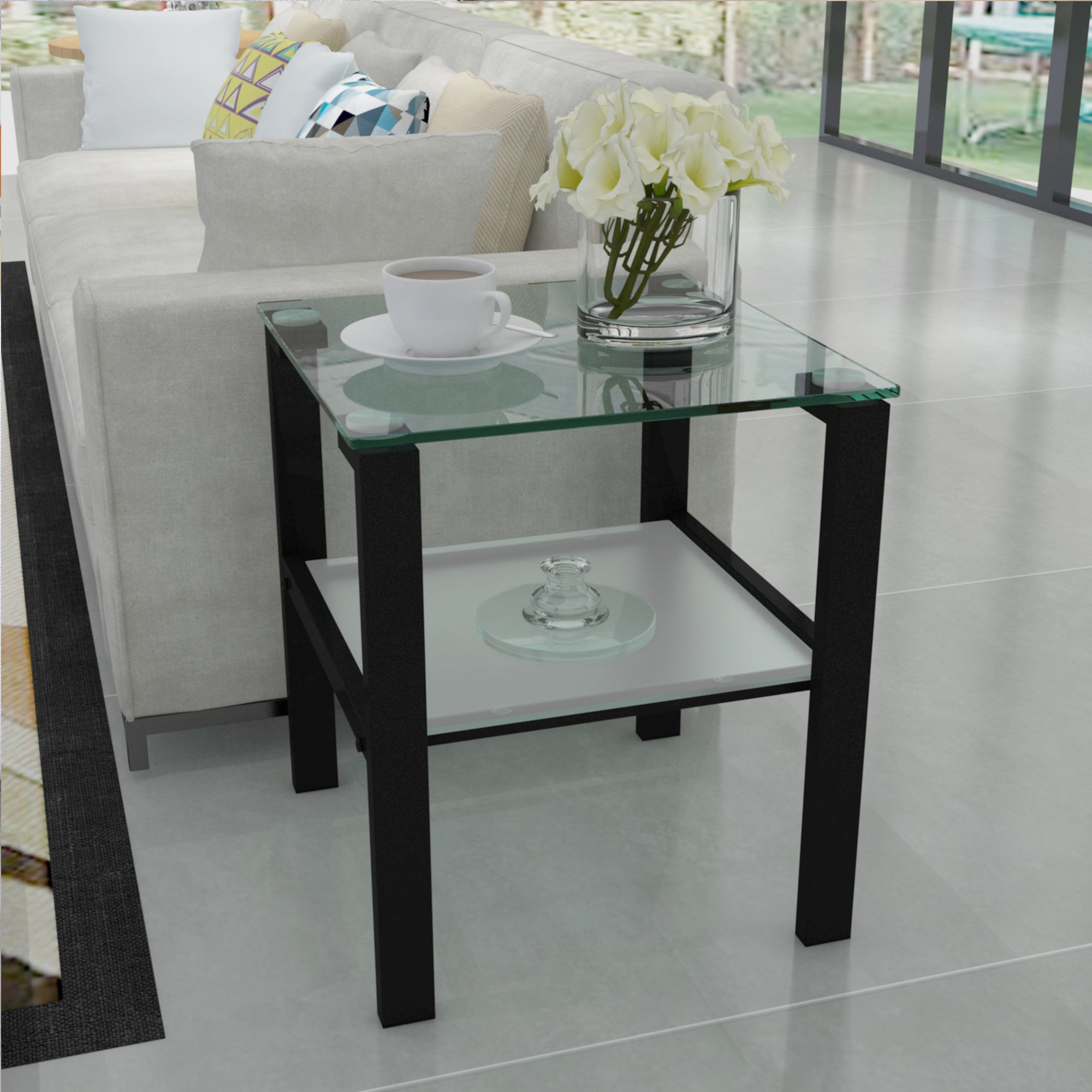 2pcs Two Layered Tempered Glass Small Bedroom Corner Home Tea Table- Transparent+Black