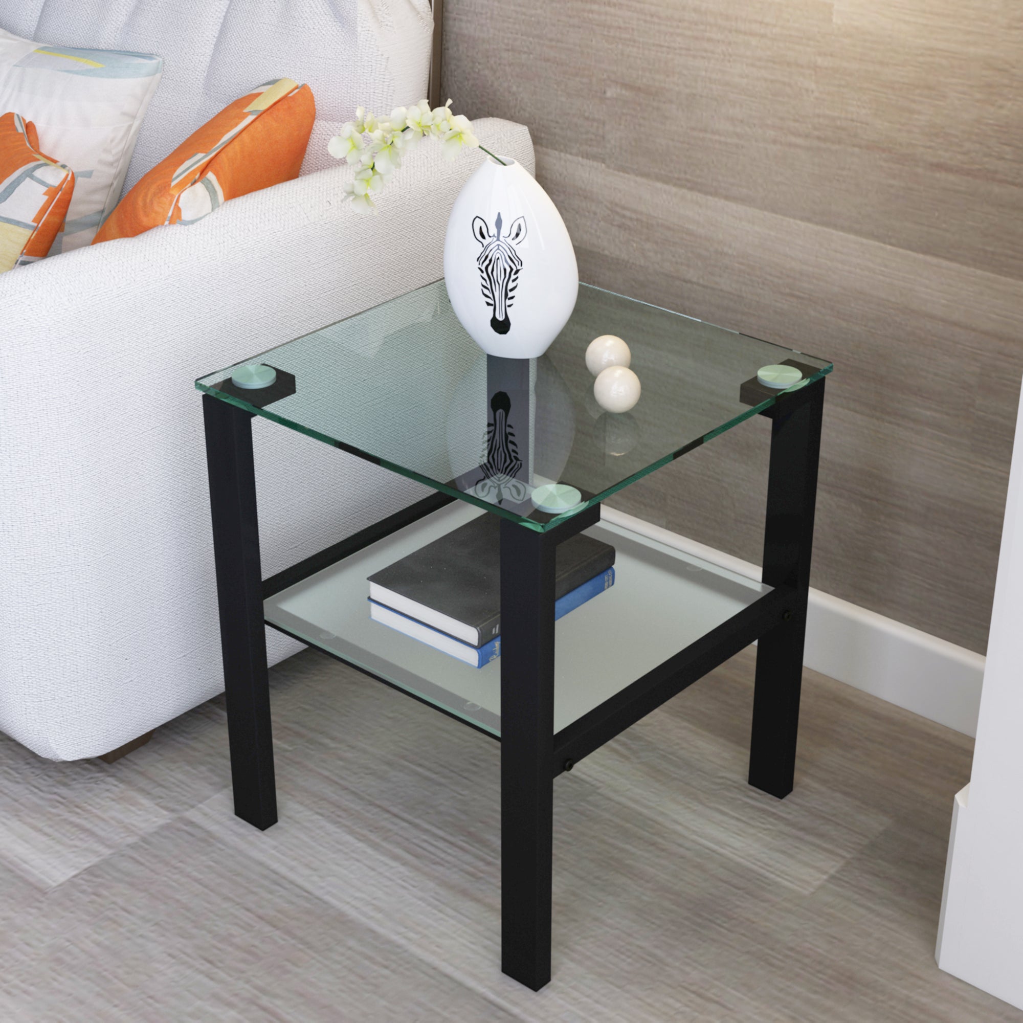 2pcs Two Layered Tempered Glass Small Bedroom Corner Home Tea Table- Transparent+Black
