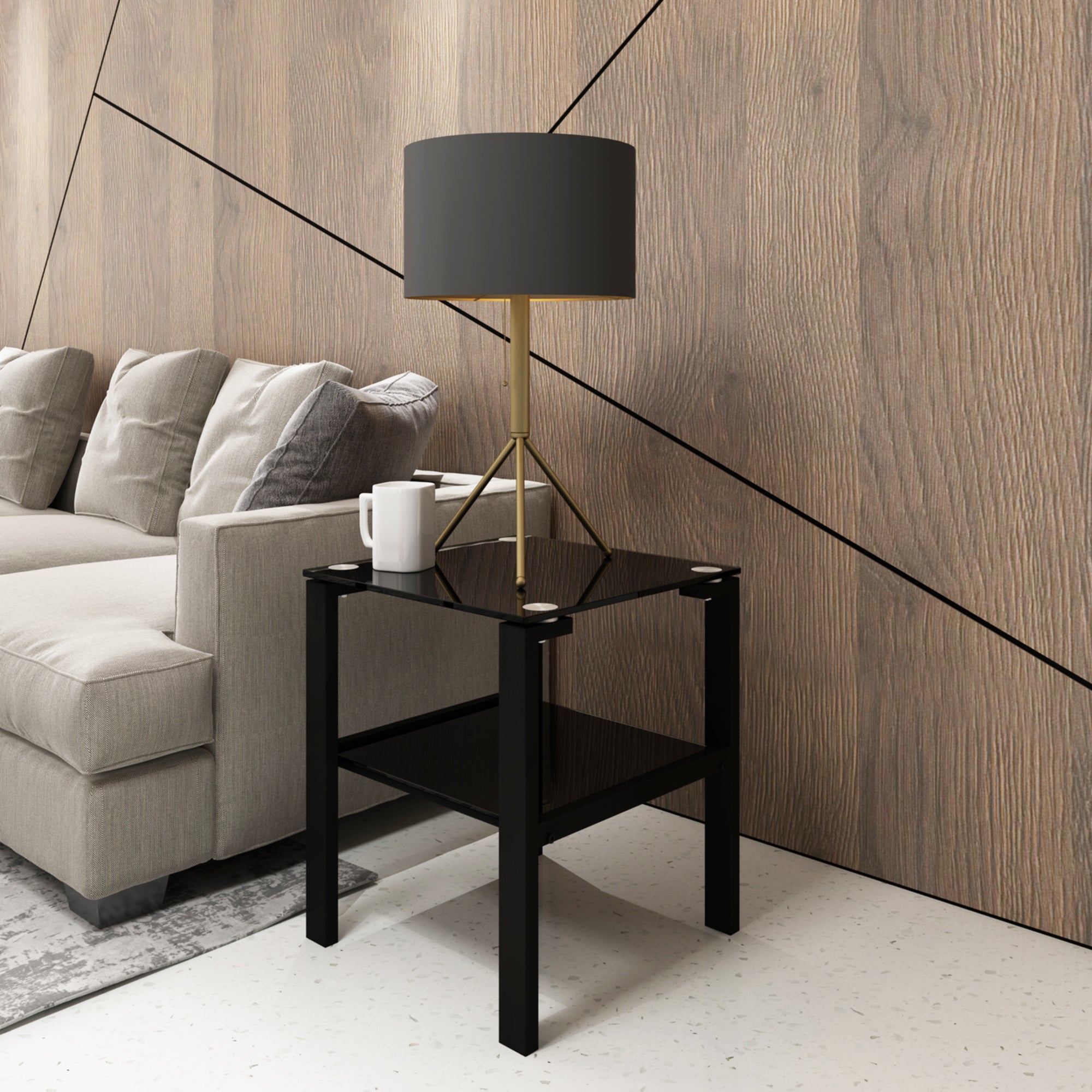 2pcs Two Layered Tempered Glass Small Bedroom Corner Home Tea Table- Black+Black