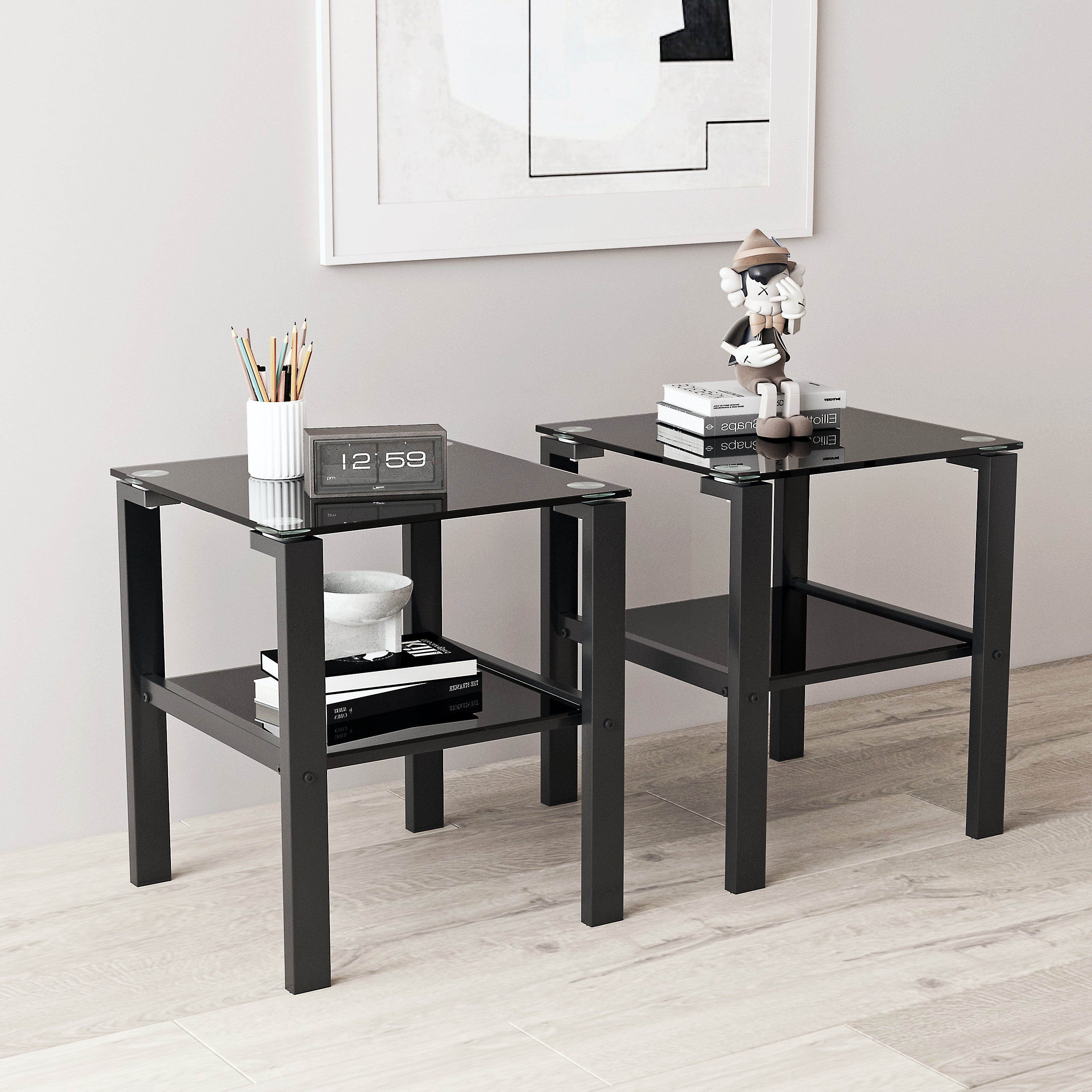 2pcs Two Layered Tempered Glass Small Bedroom Corner Home Tea Table- Black+Black