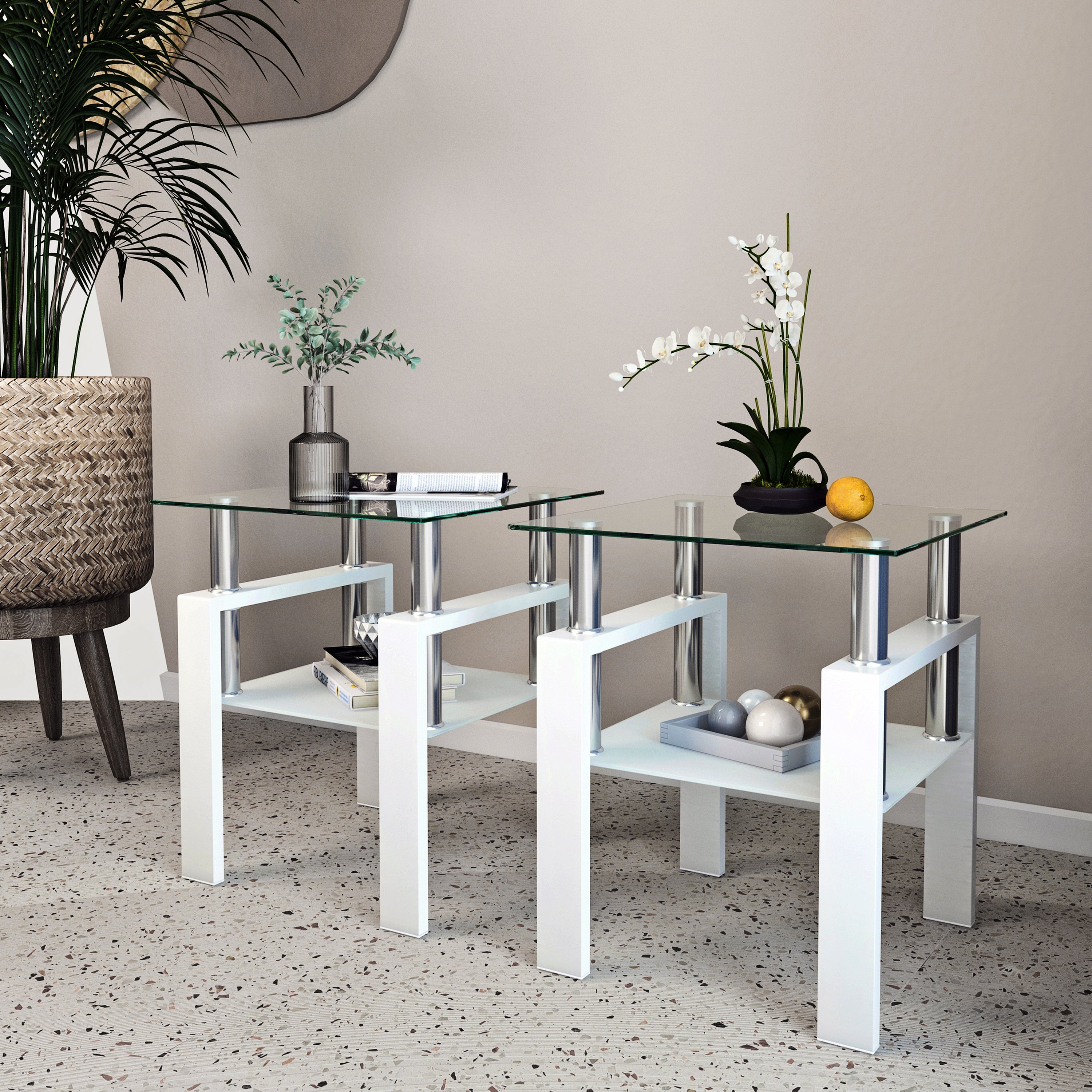 2 pcs Modern Design Coffee Table Tempered Glass End Table Night Stand- Transparent/White