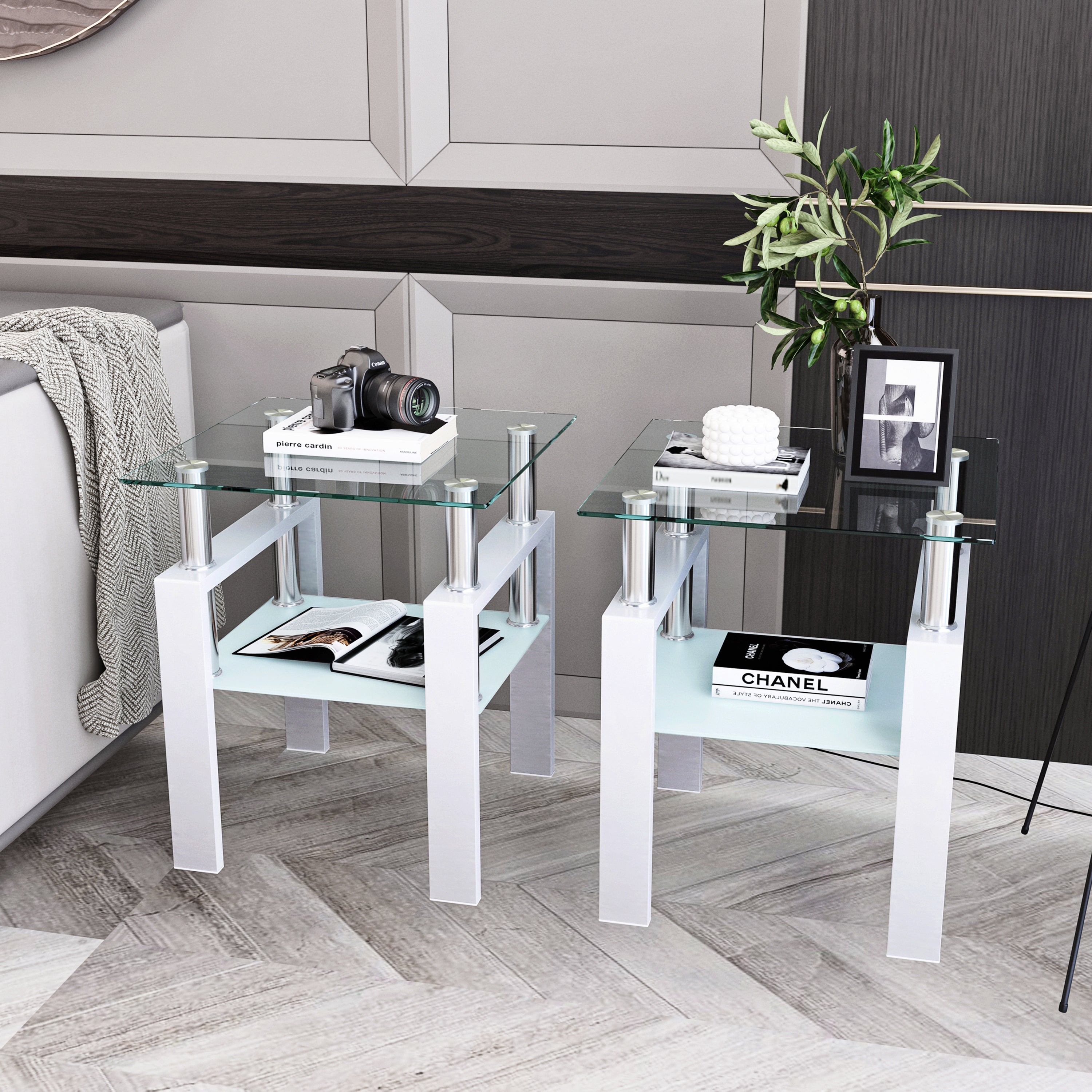 2 pcs Modern Design Coffee Table Tempered Glass End Table Night Stand- Transparent/White