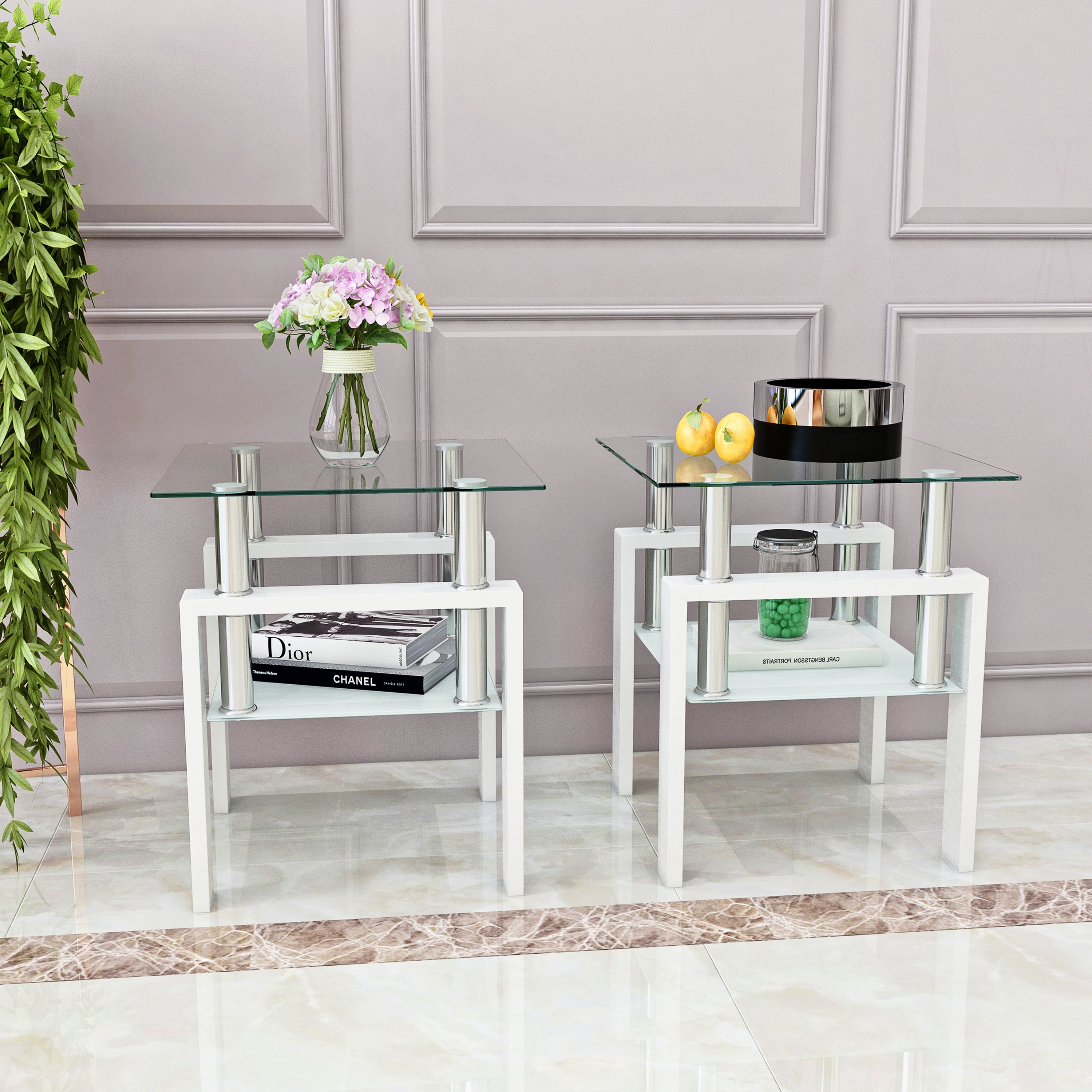 2 pcs Modern Design Coffee Table Tempered Glass End Table Night Stand- Transparent/White