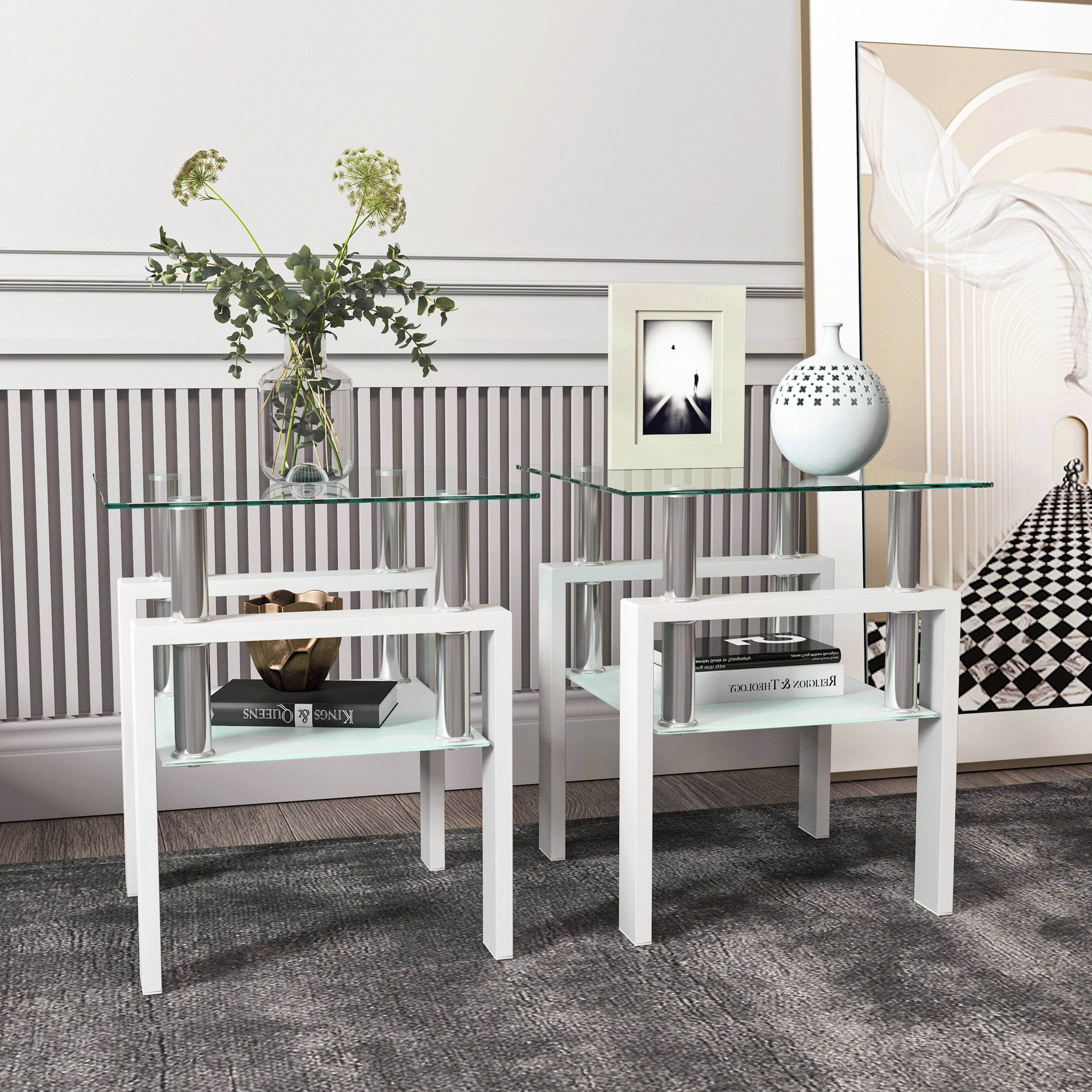 2 pcs Modern Design Coffee Table Tempered Glass End Table Night Stand- Transparent/White